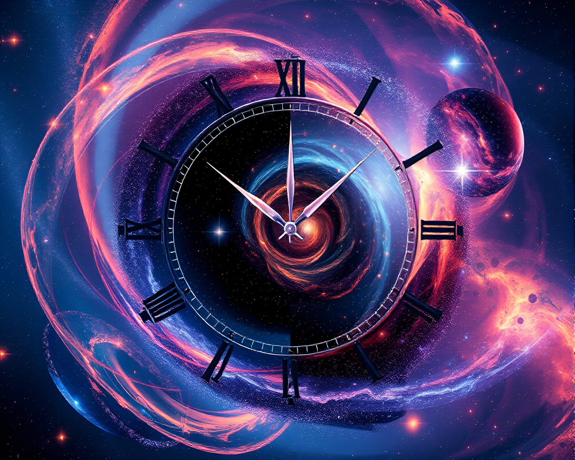 Ethereal Cosmic Clock: Swirling Galaxies and Stars – free AI stock image
