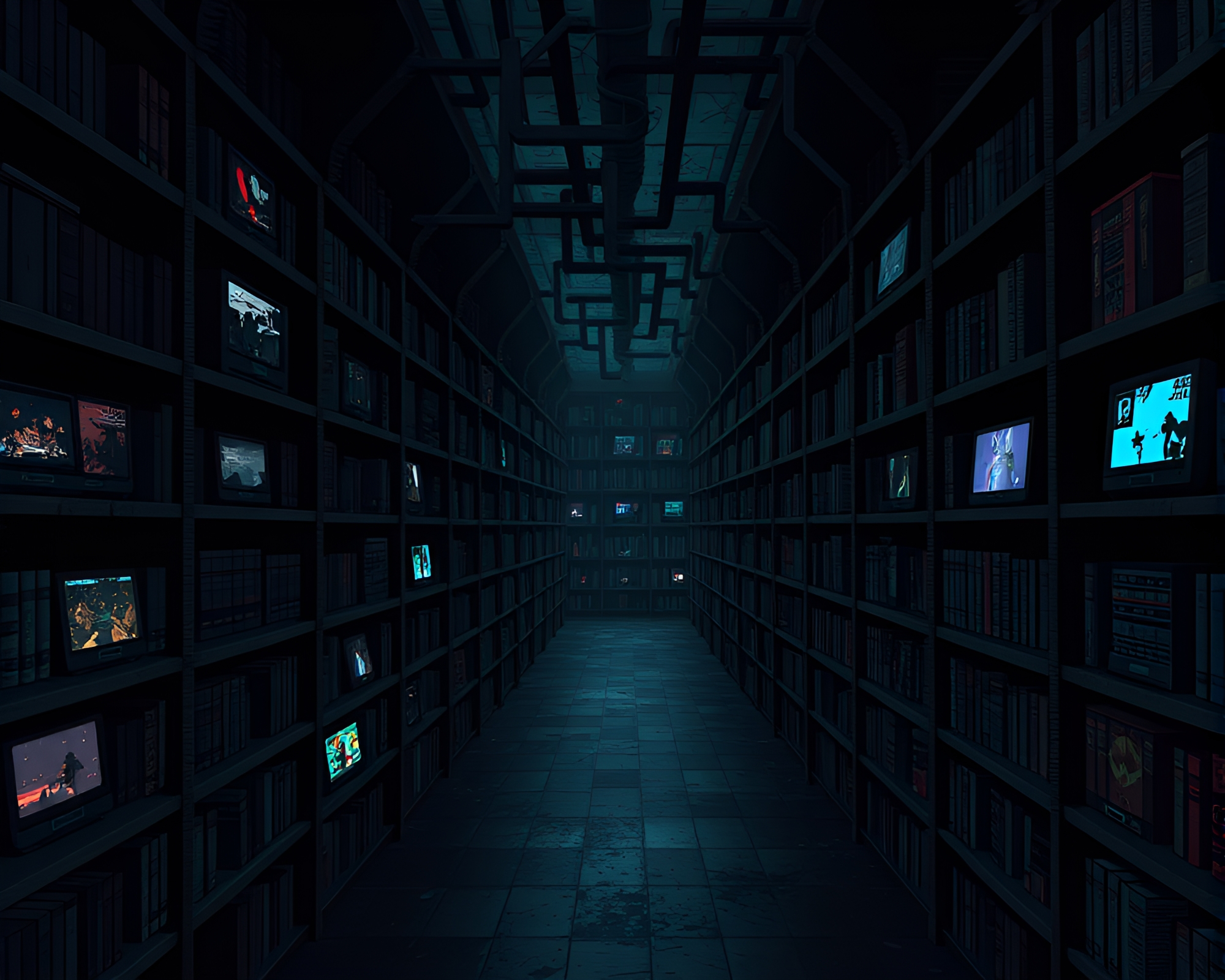 Eerie 8-Bit Art Adorns Mysterious Library Labyrinth – free AI stock image