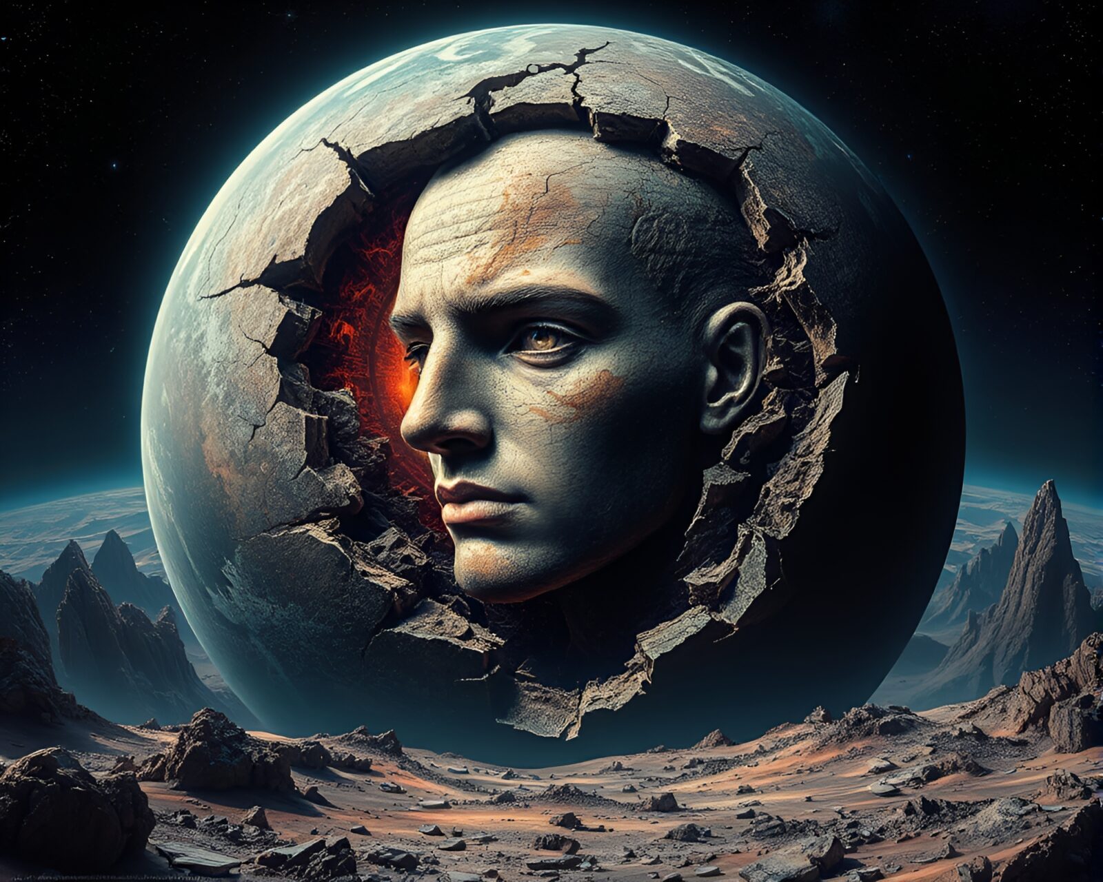 Mesmerizing otherworldly portrait on shattered alien planet surface