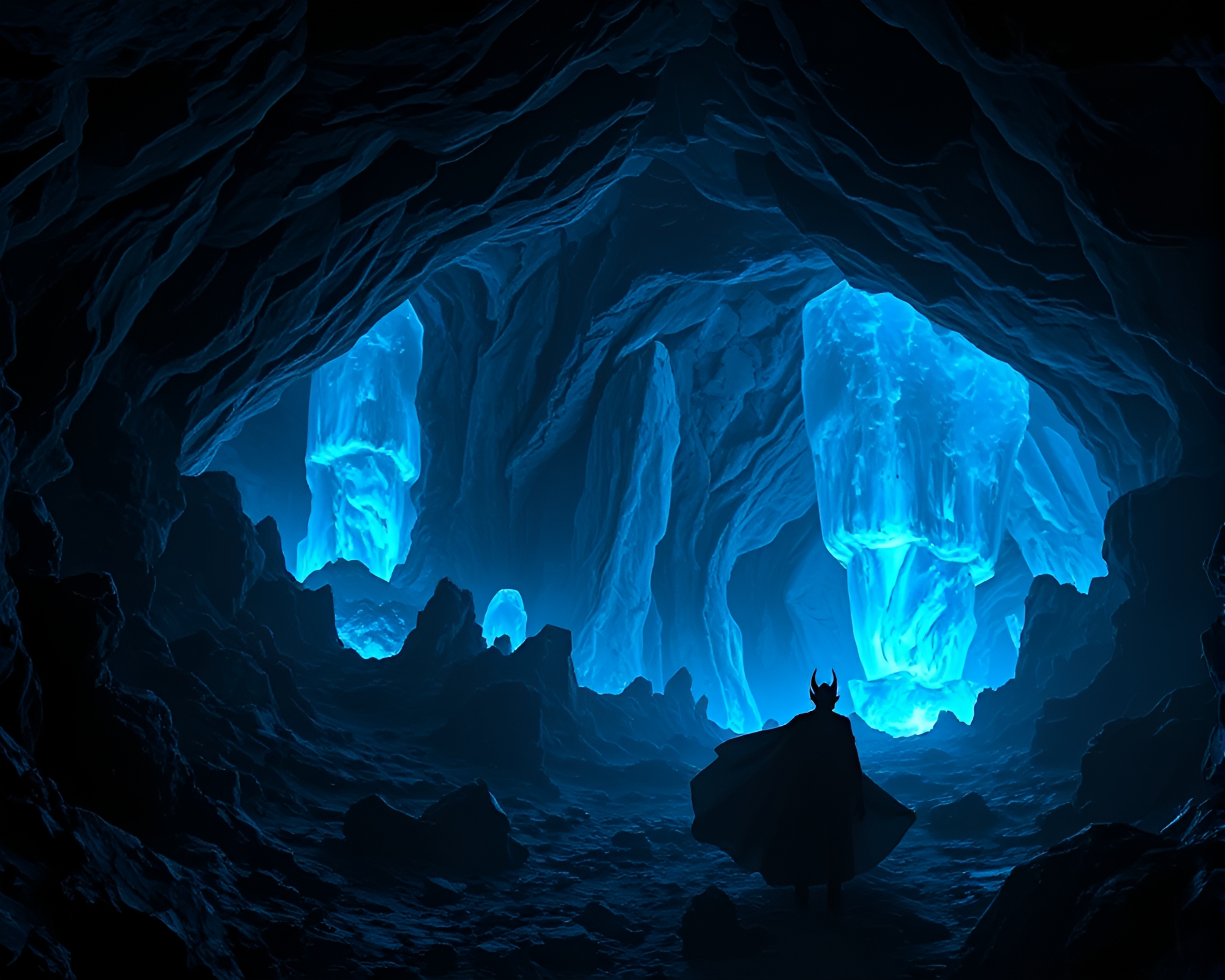 Ethereal Blue-Lit Cavern with Surreal Rock Formations – free AI stock image