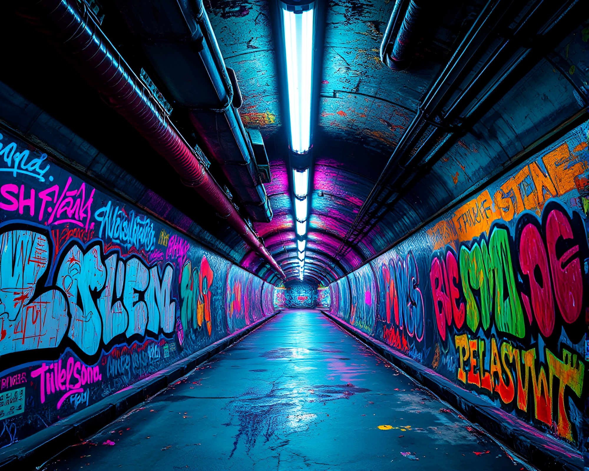 Vibrant Neon-Lit Graffiti Tunnel: An Impressionistic Showcase – free AI stock image