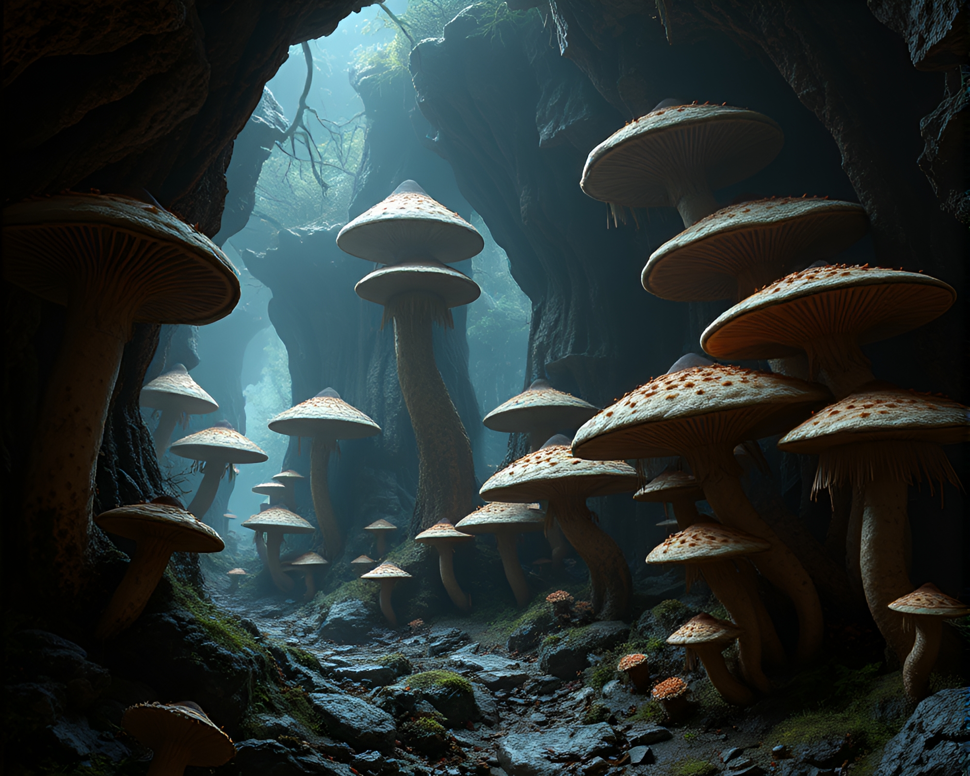 Ethereal subterranean forest with towering mushrooms and fungi – free AI stock image