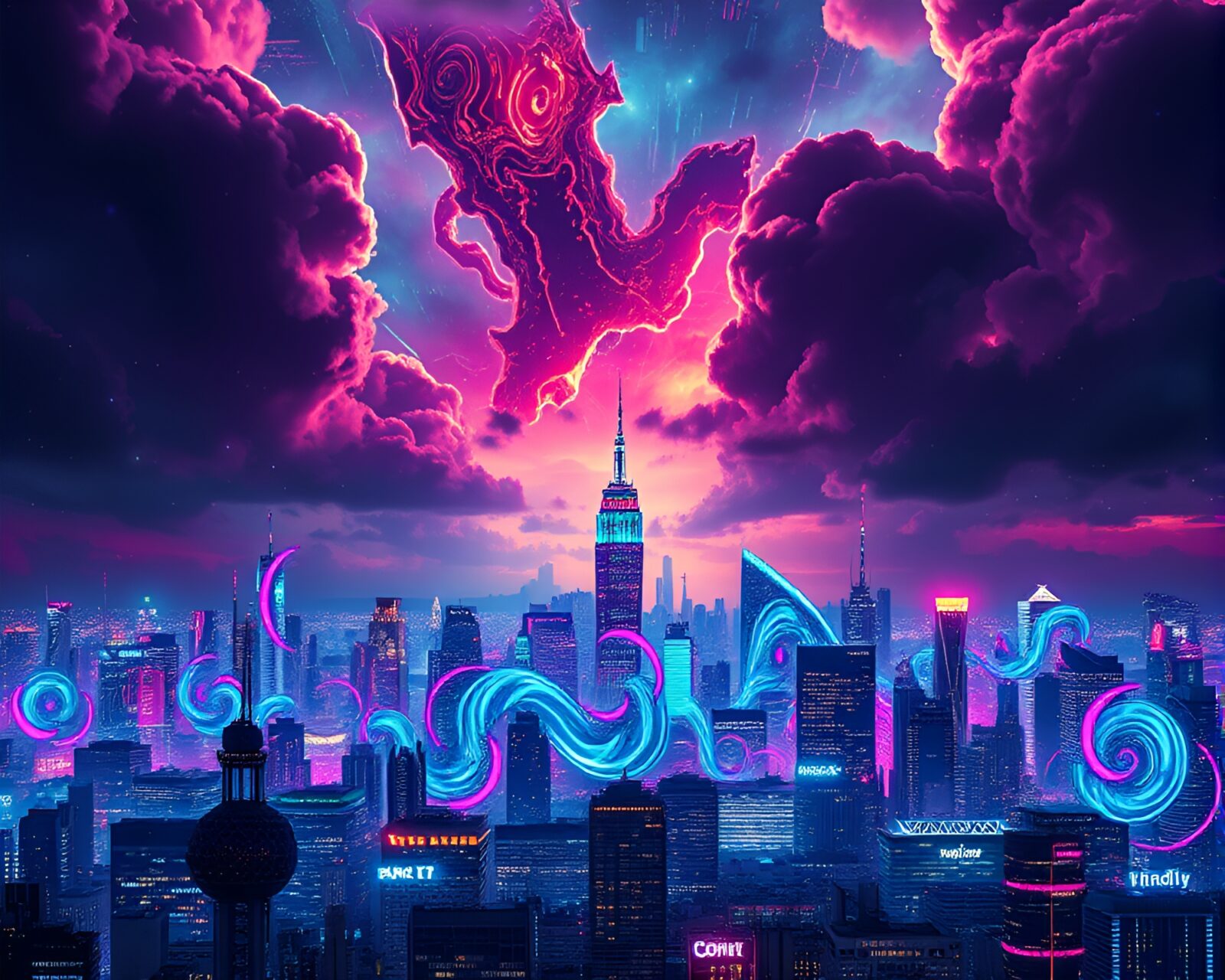 Neon graffiti of swirling quantum vortex patterns in futuristic cityscape
