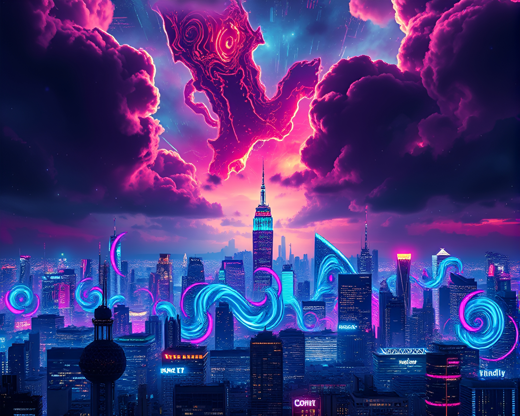 Futuristic Neon Cityscape with Quantum Vortex Graffiti – free AI stock image