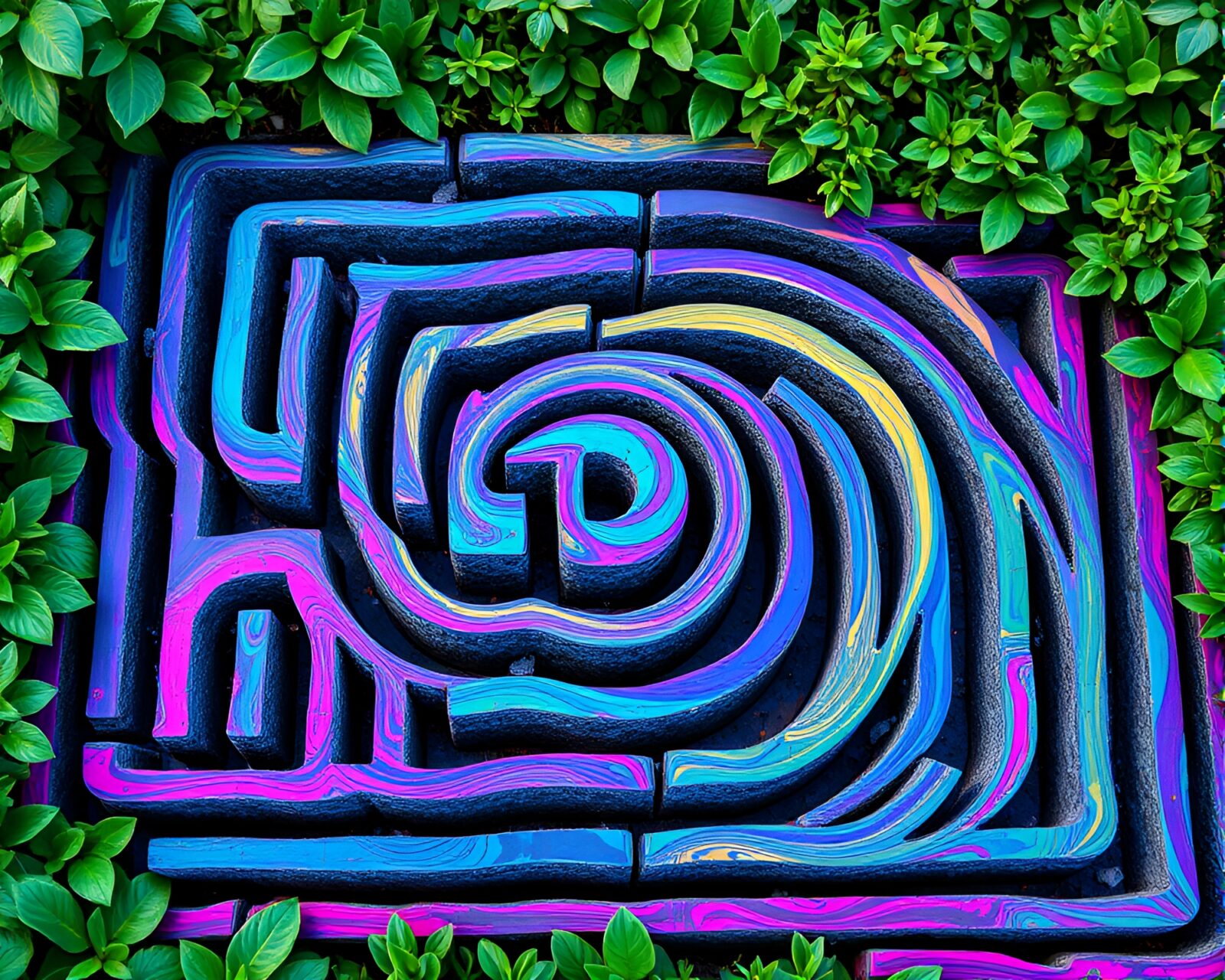 Detailed charcoal depiction of swirling, vibrant colors in maze