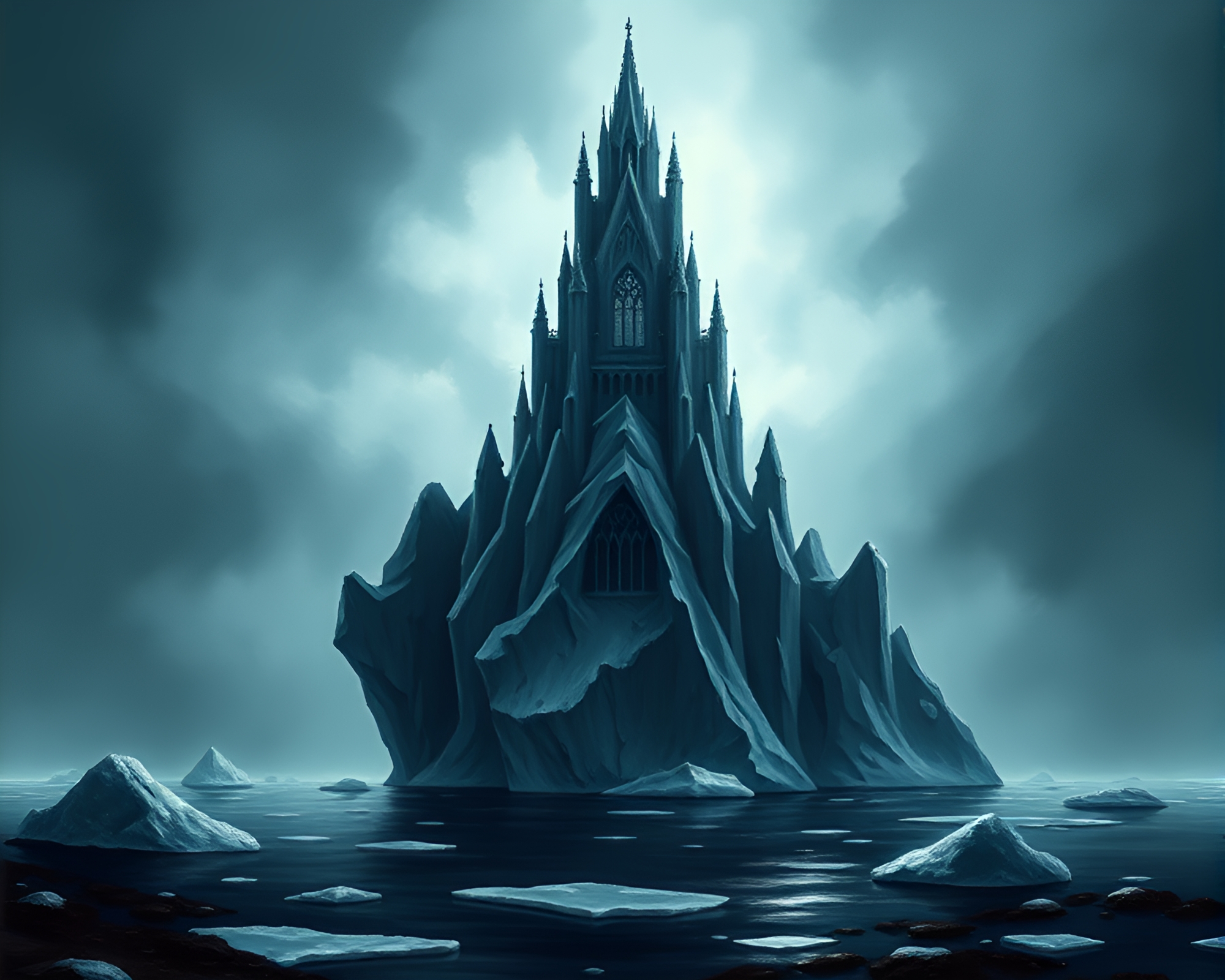 Eerie Cathedral Iceberg Drifting in Icy Waters – free AI stock image