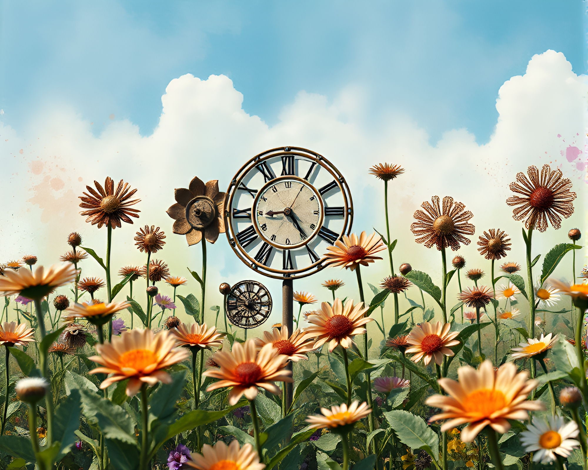Clockwork Garden Blooms with Intricate Metal Flowers – free AI stock image