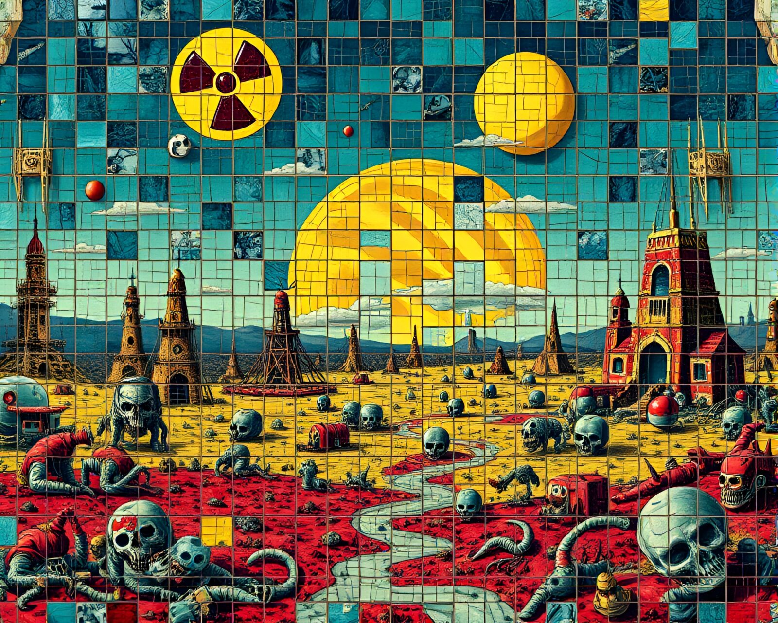 Vivid mosaic of mutated creatures in surreal wasteland landscape