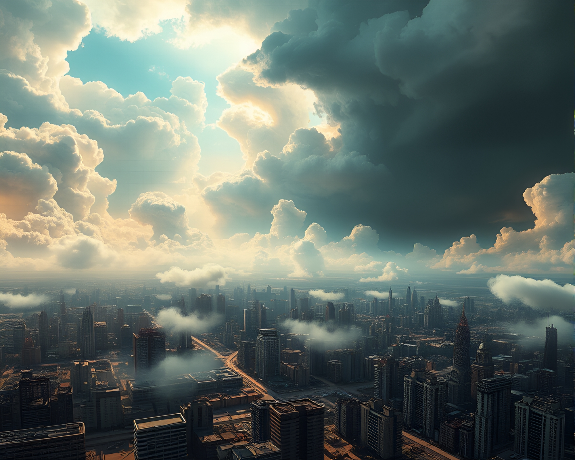 Ethereal Cloudscape Over Post-Apocalyptic City with Mosaic Tile – free AI stock image