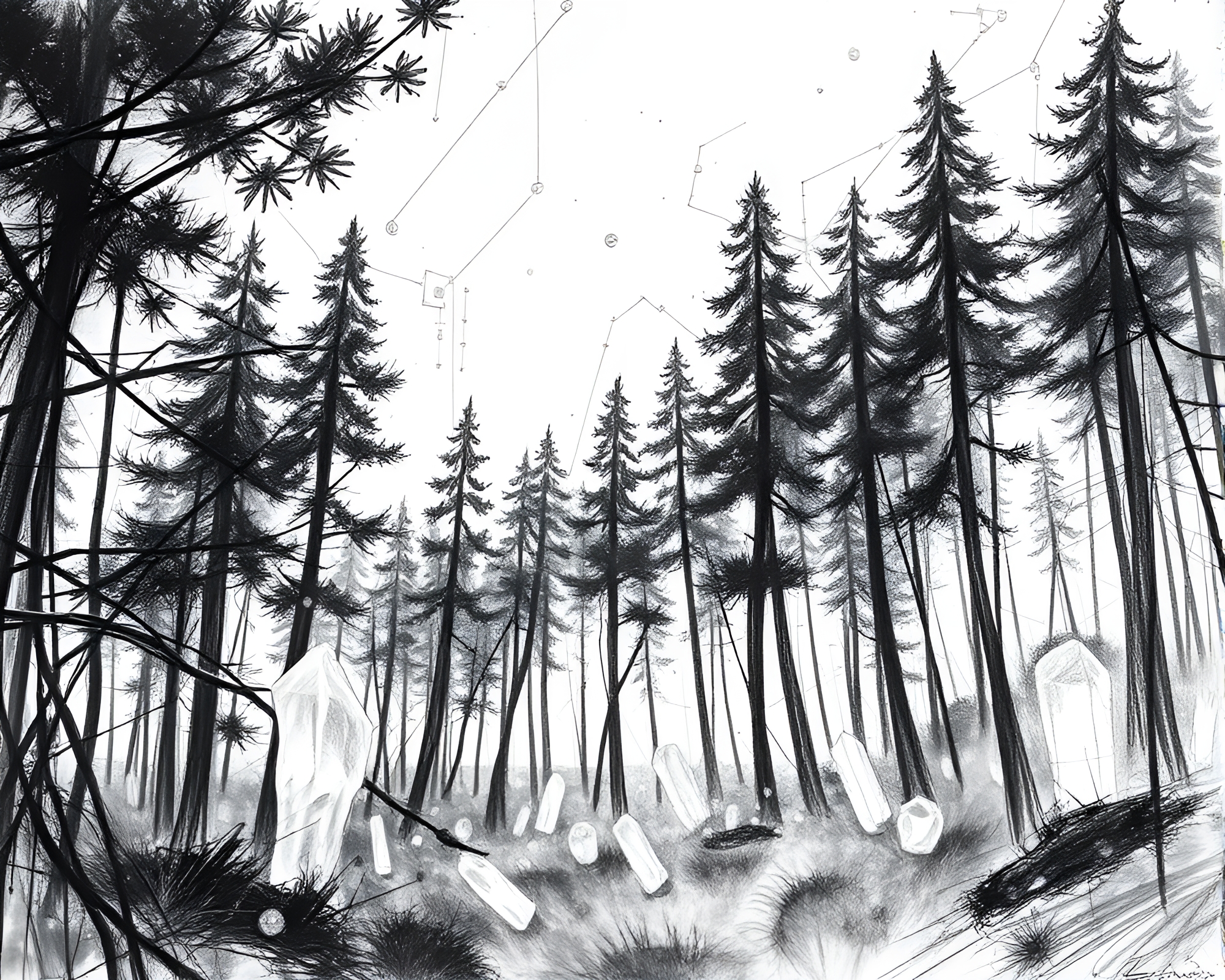 Futuristic Silicon Crystal Forest in Charcoal Sketch Style – free AI stock image