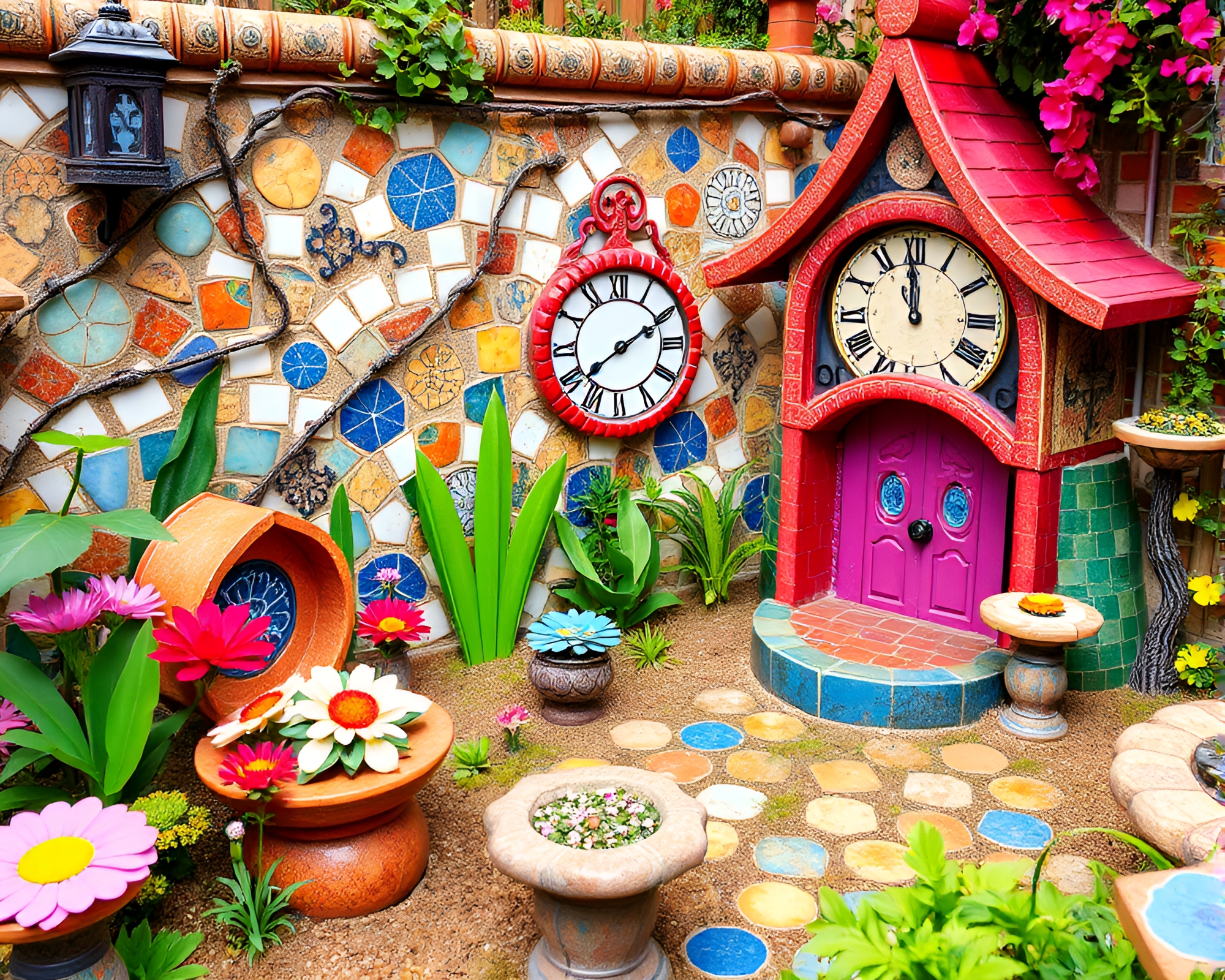Whimsical Clockwork Garden with Vibrant Mosaic Tile Work – free AI stock image