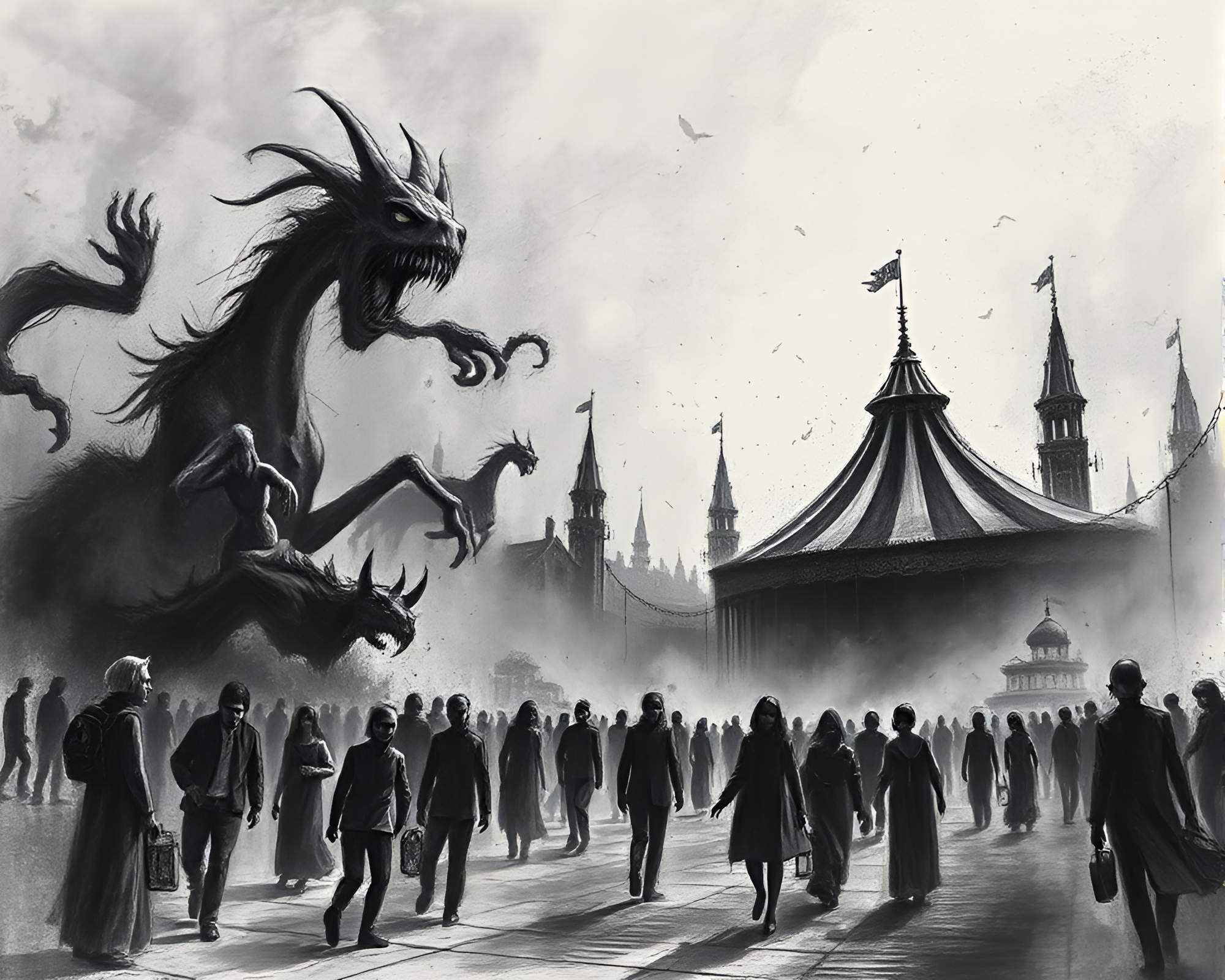 Spectral Carnival in Apocalyptic Landscape – free AI stock image