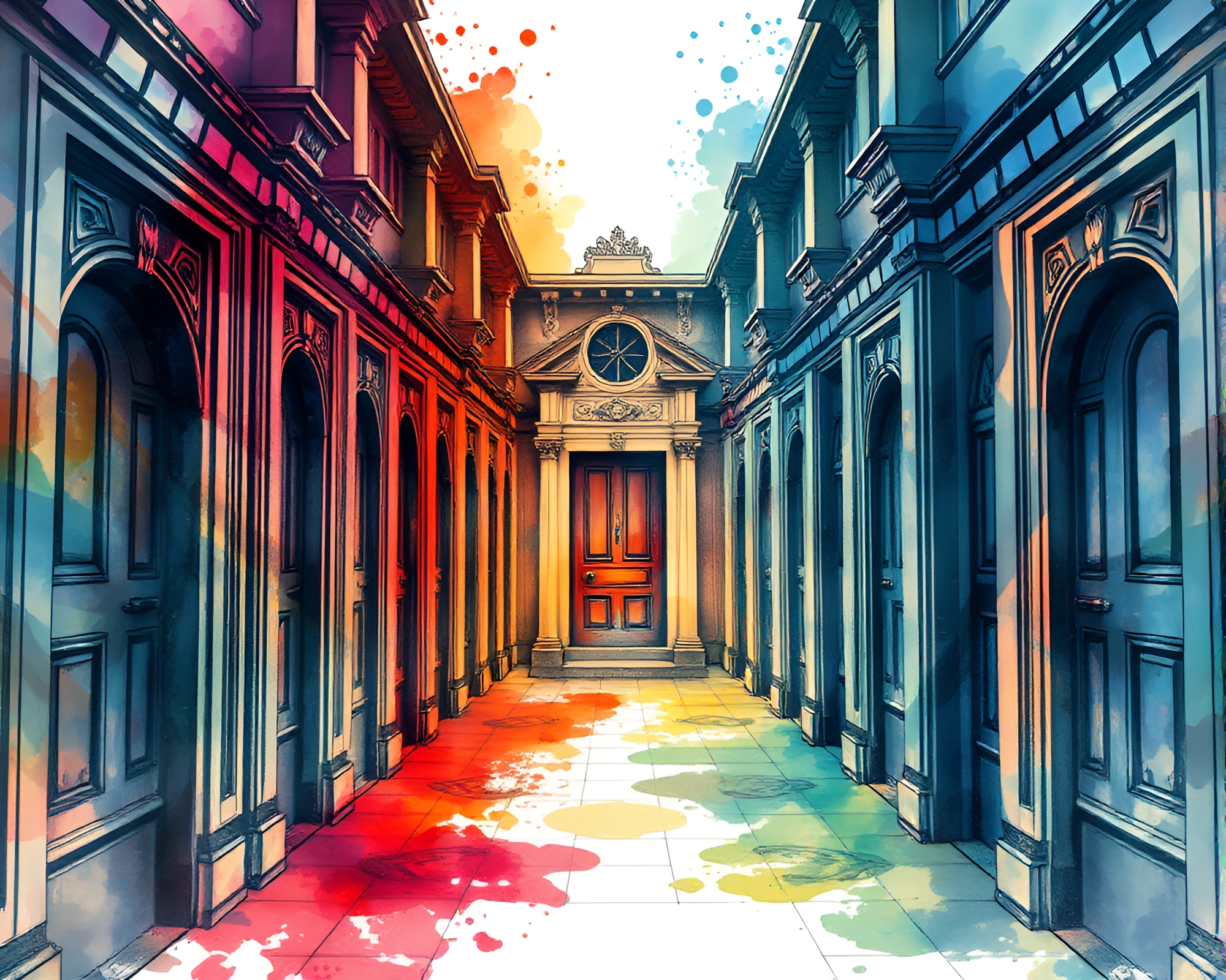 Enchanting Watercolor Labyrinth Doors in Vibrant Details – free AI stock image