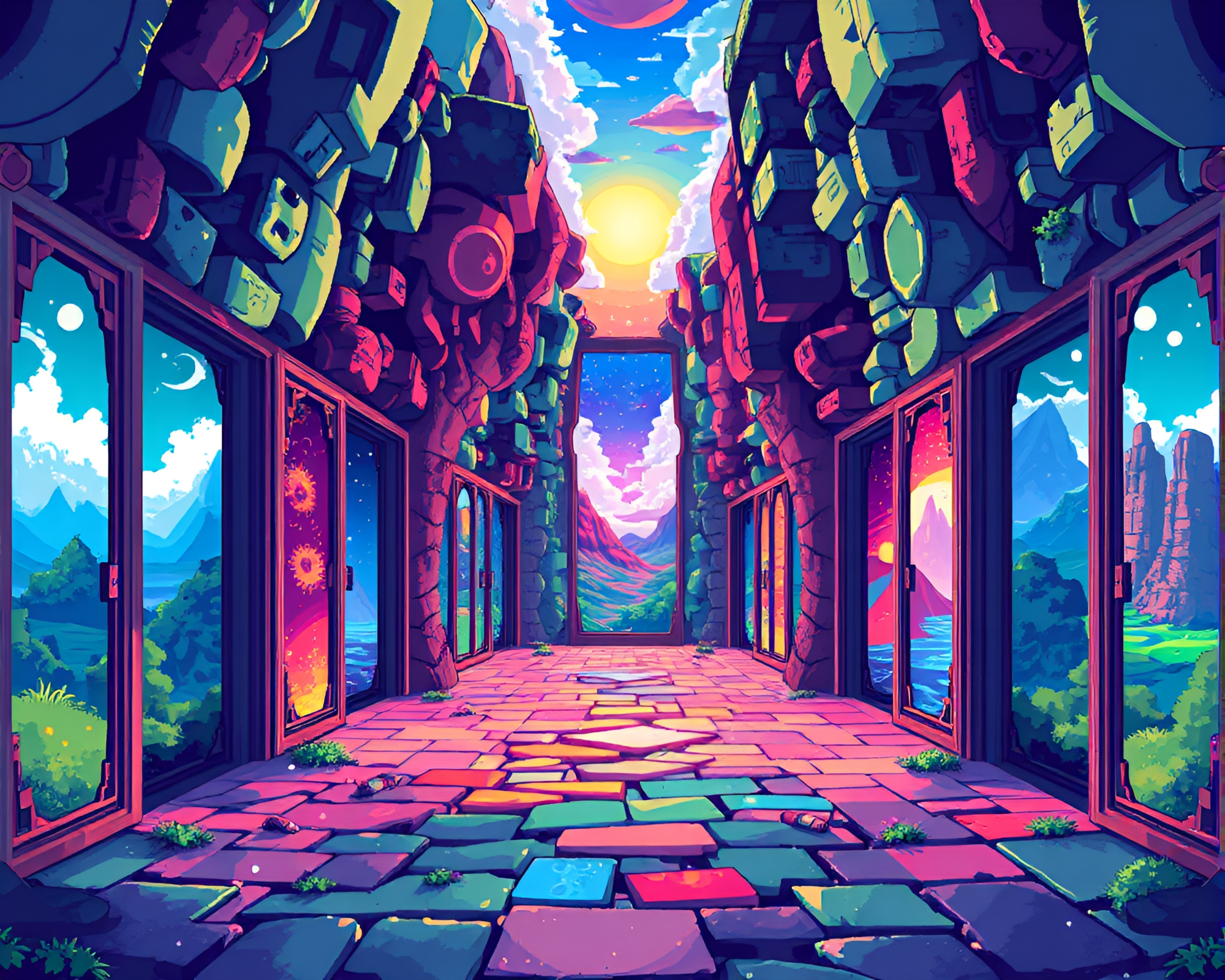 Dreamlike Pixel Art Labyrinth in Surreal Landscape – free AI stock image