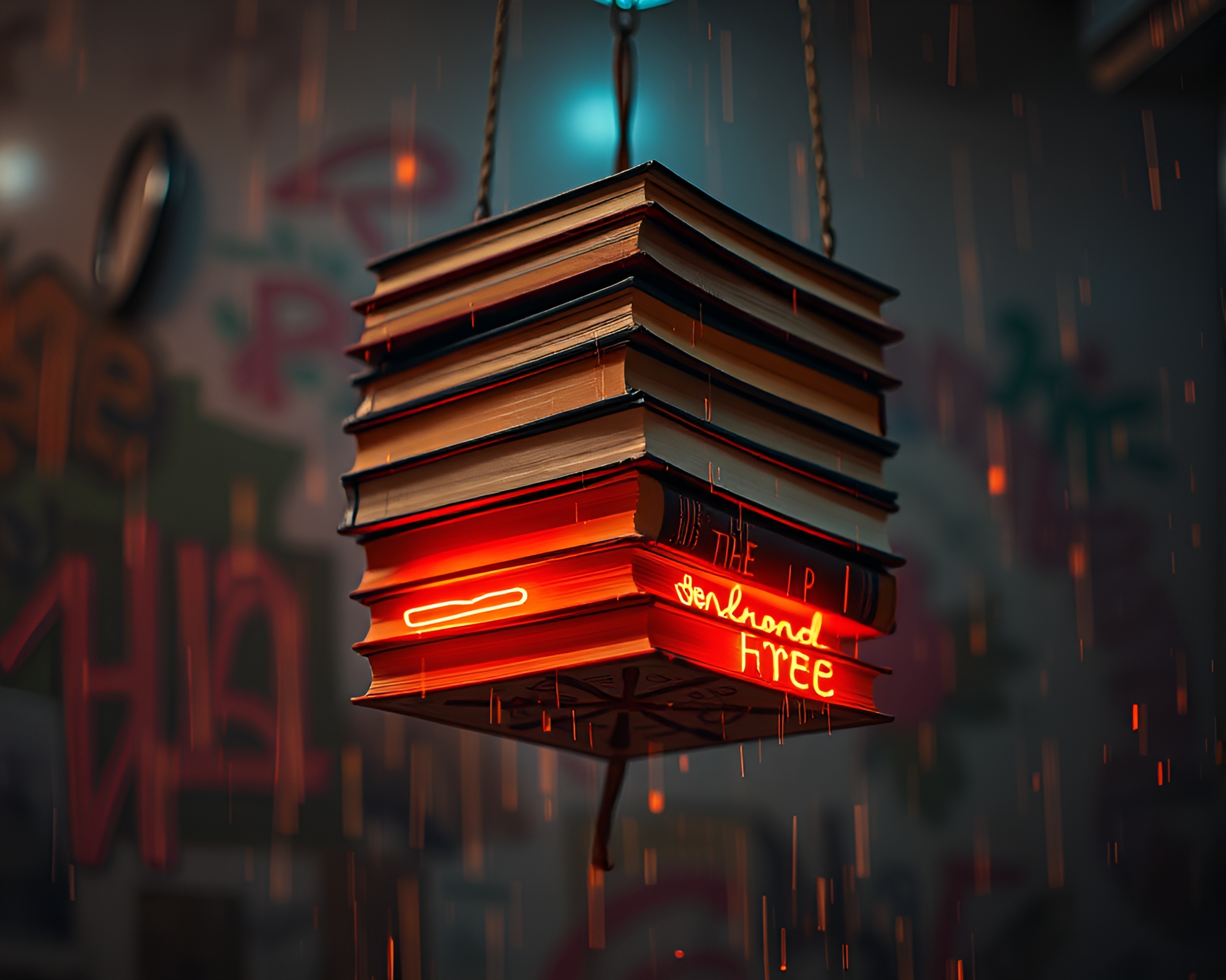 Ethereal Book Tower with Neon Graffiti: Mysterious Artwork – free AI stock image