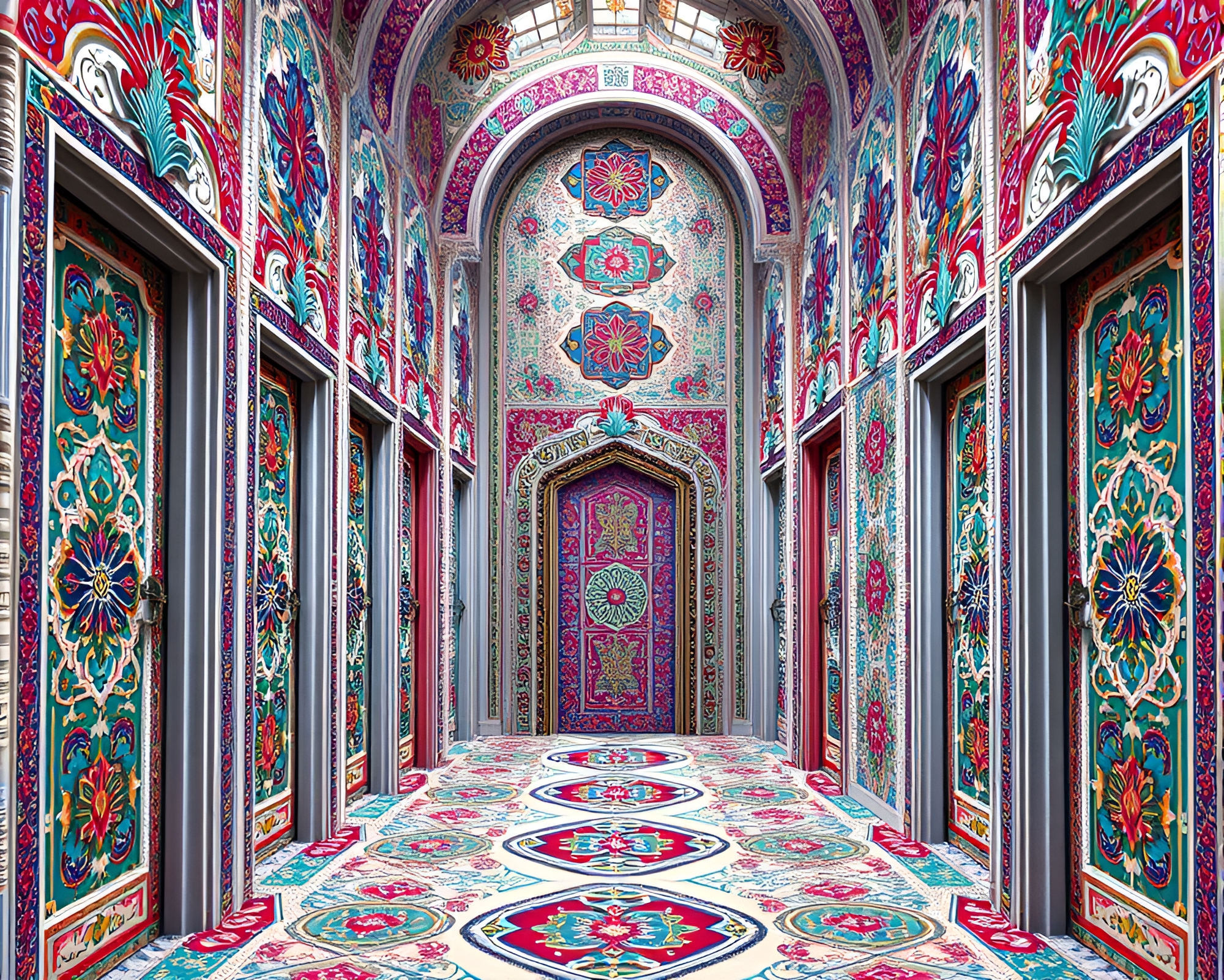 Enchanting labyrinth of vividly adorned doors – free AI stock image
