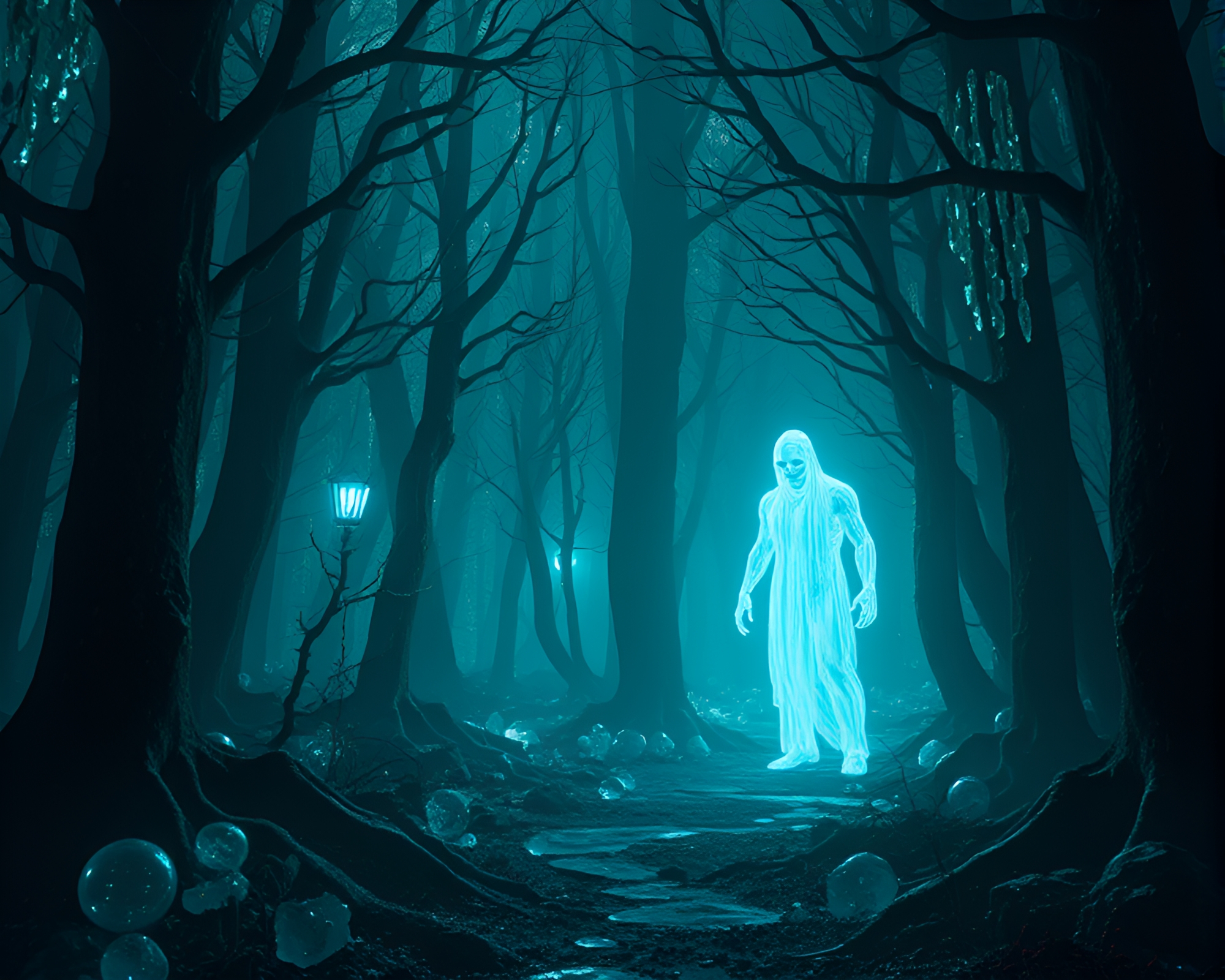 Ethereal Silicon Forest with Ghostly Figure in Video Game – free AI stock image