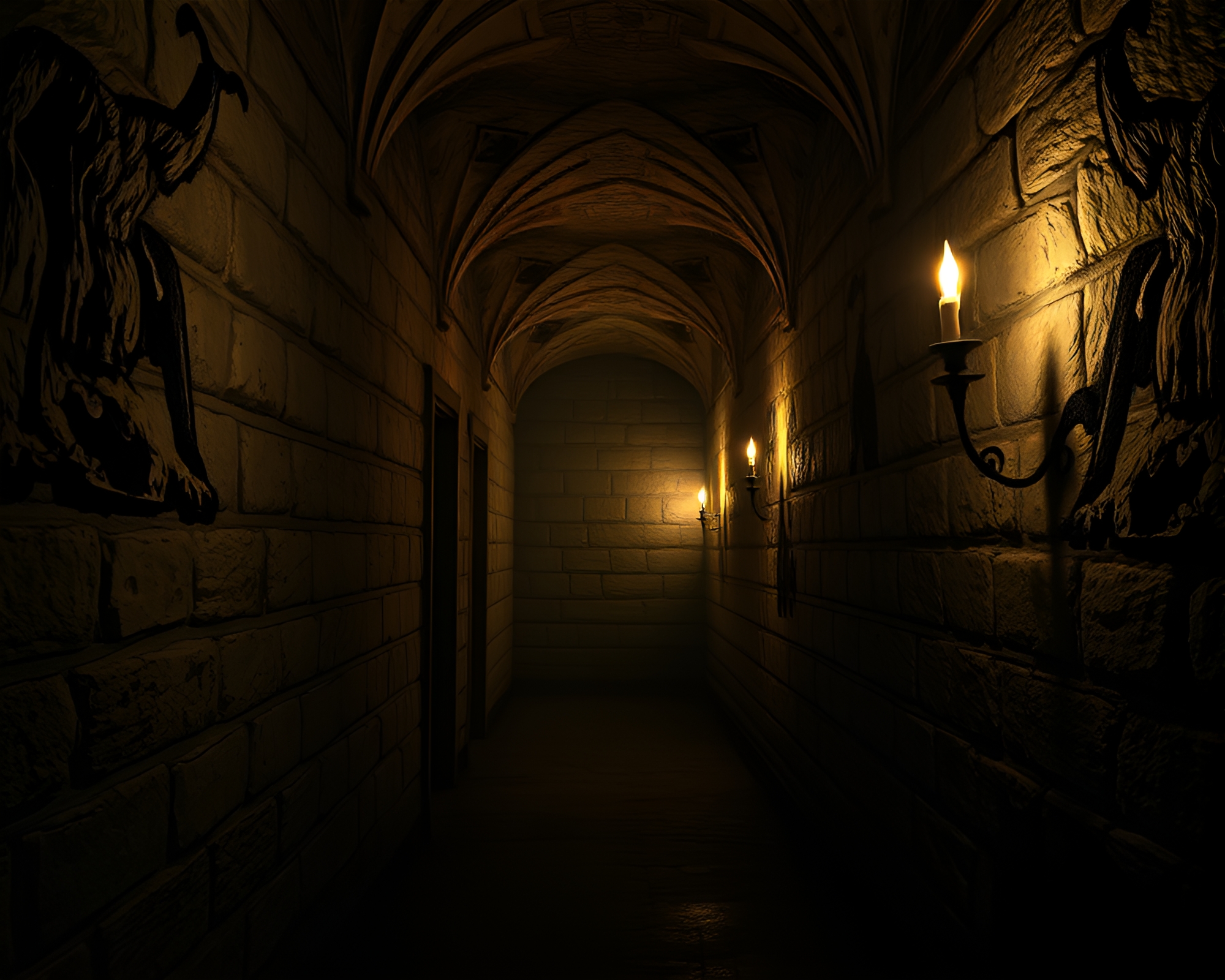 Creepy Time-Warp Corridor with Flickering Torches – free AI stock image