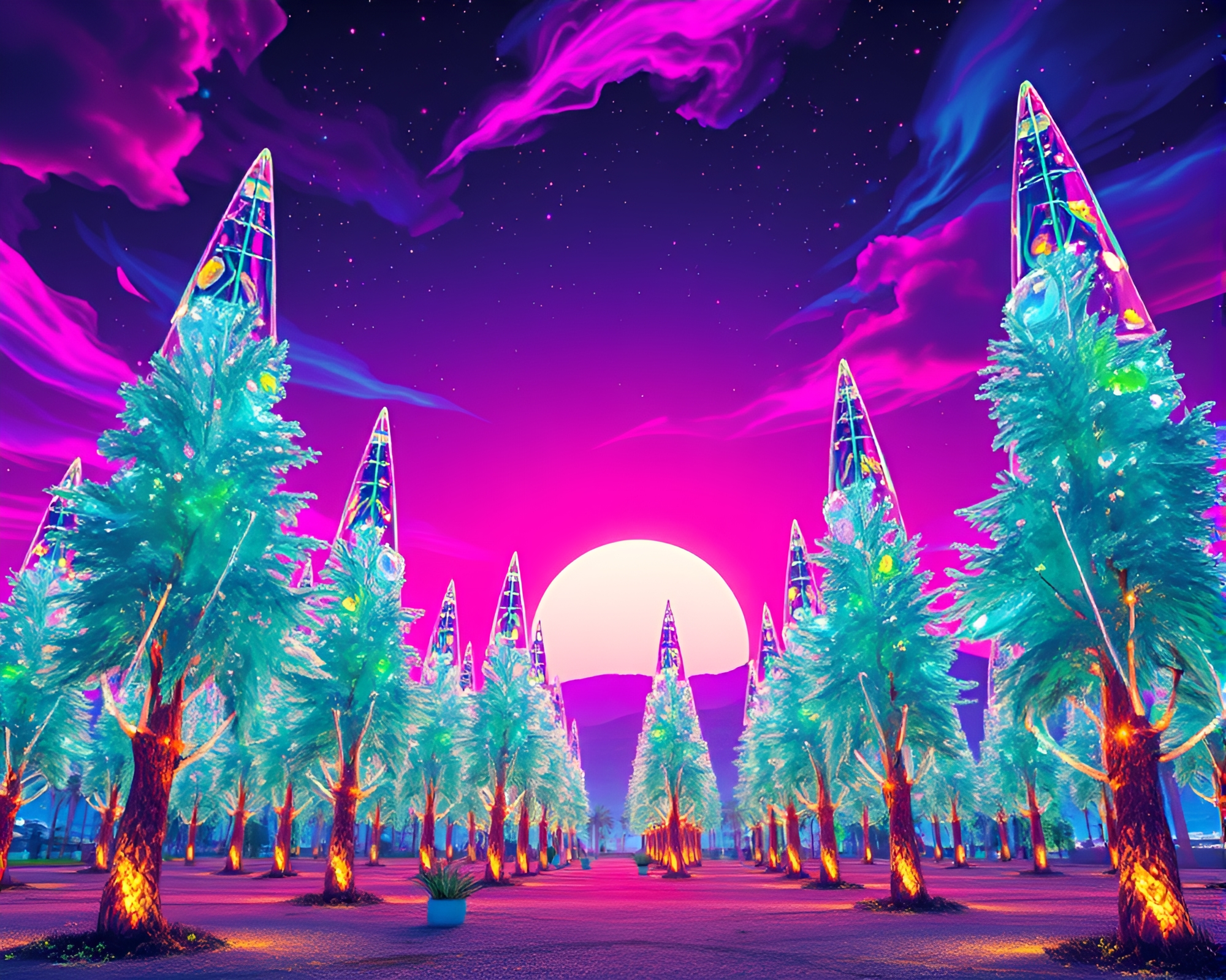 Futuristic Pop Art World with Silicon Crystal Trees – free AI stock image