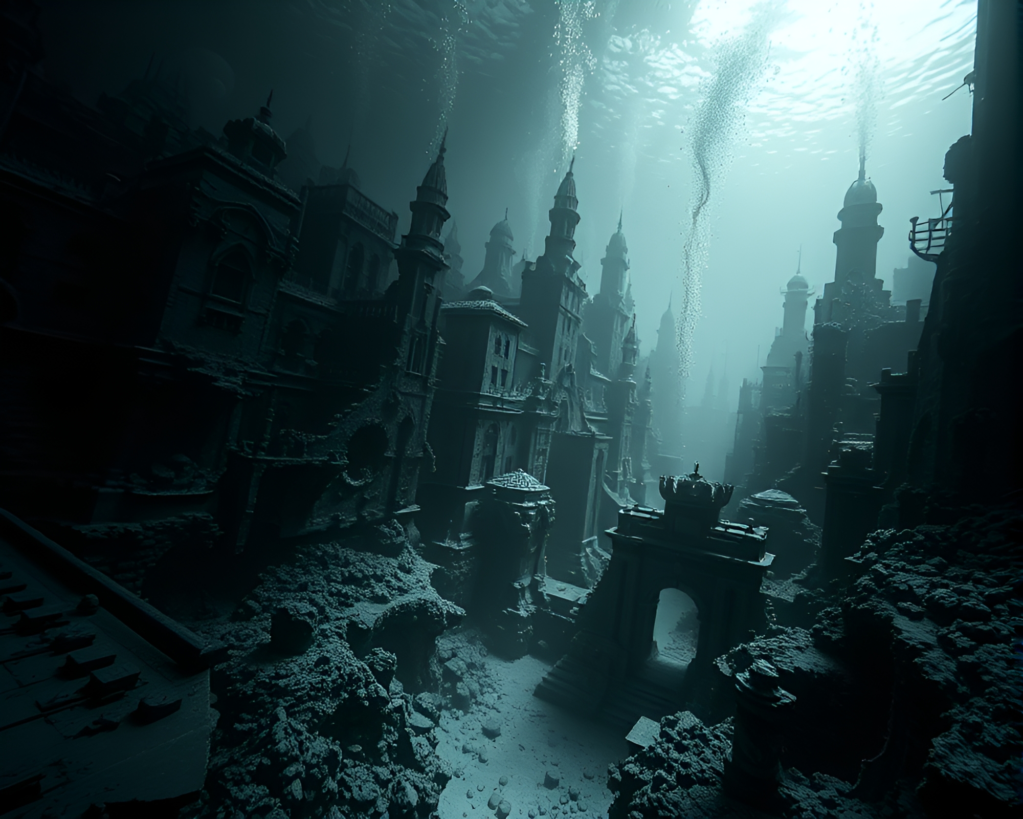 Eerie Sunken Cityscape Emerges Through Depths in Monochrome – free AI stock image