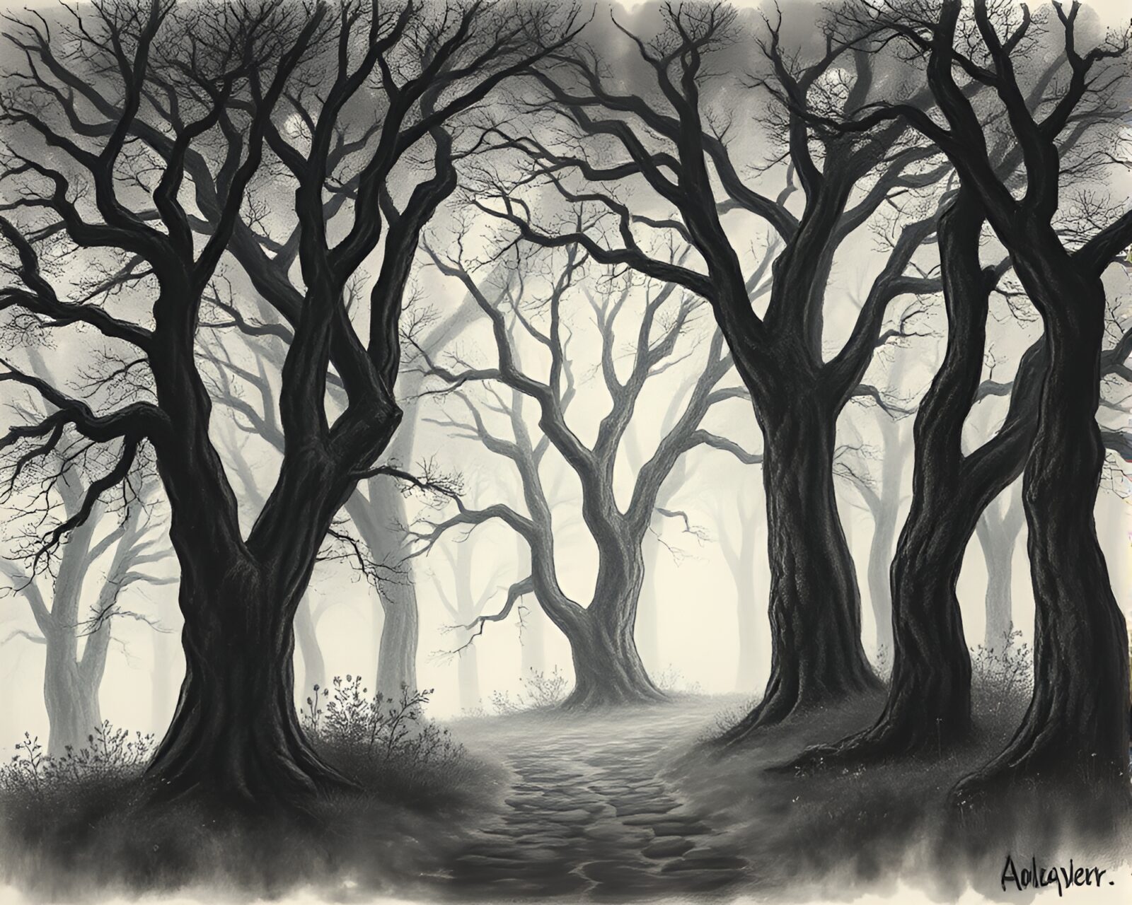 Mysterious and ethereal oak forest in detailed charcoal drawing
