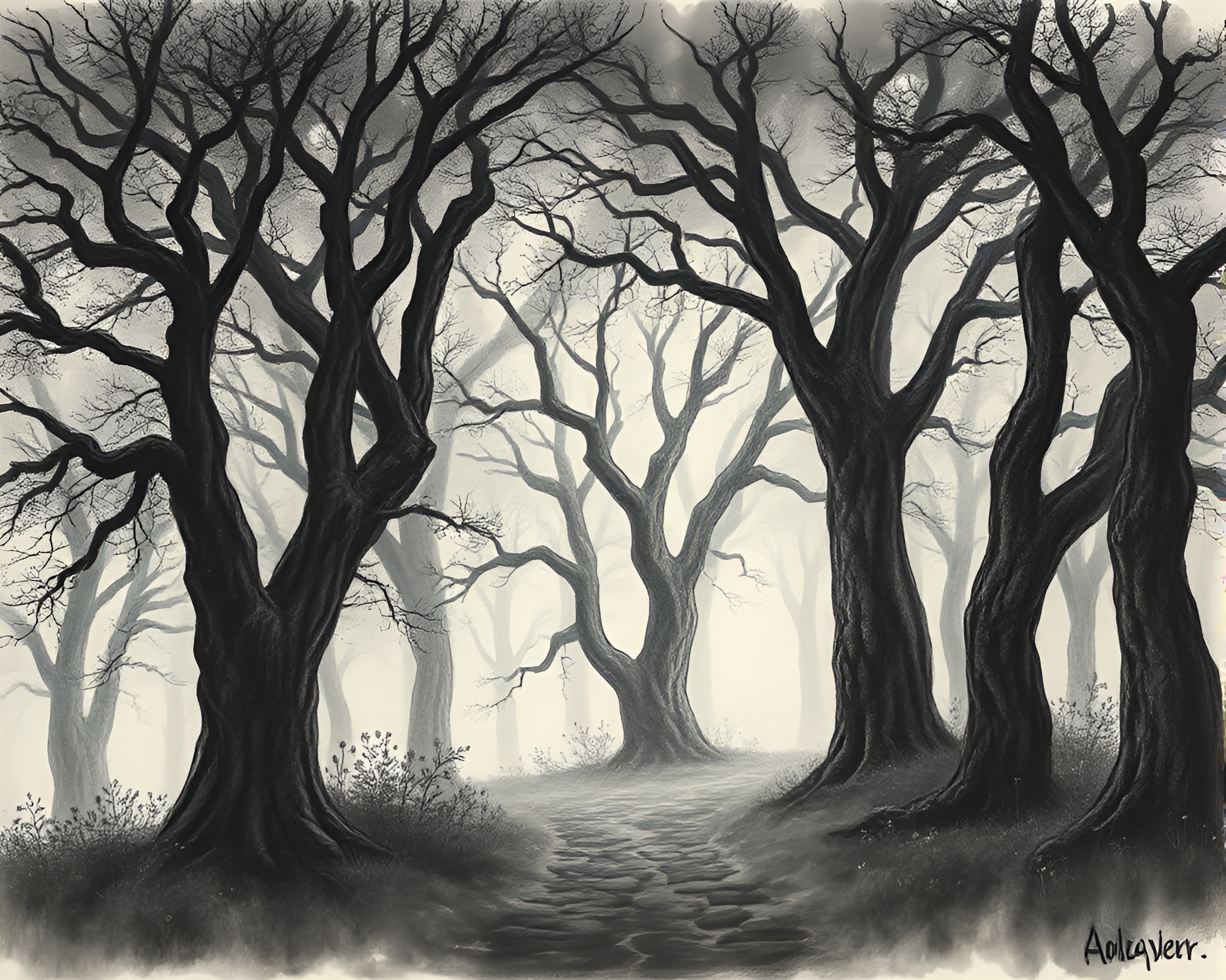 Enchanting otherworldly oak forest in surreal charcoal sketch – free AI stock image