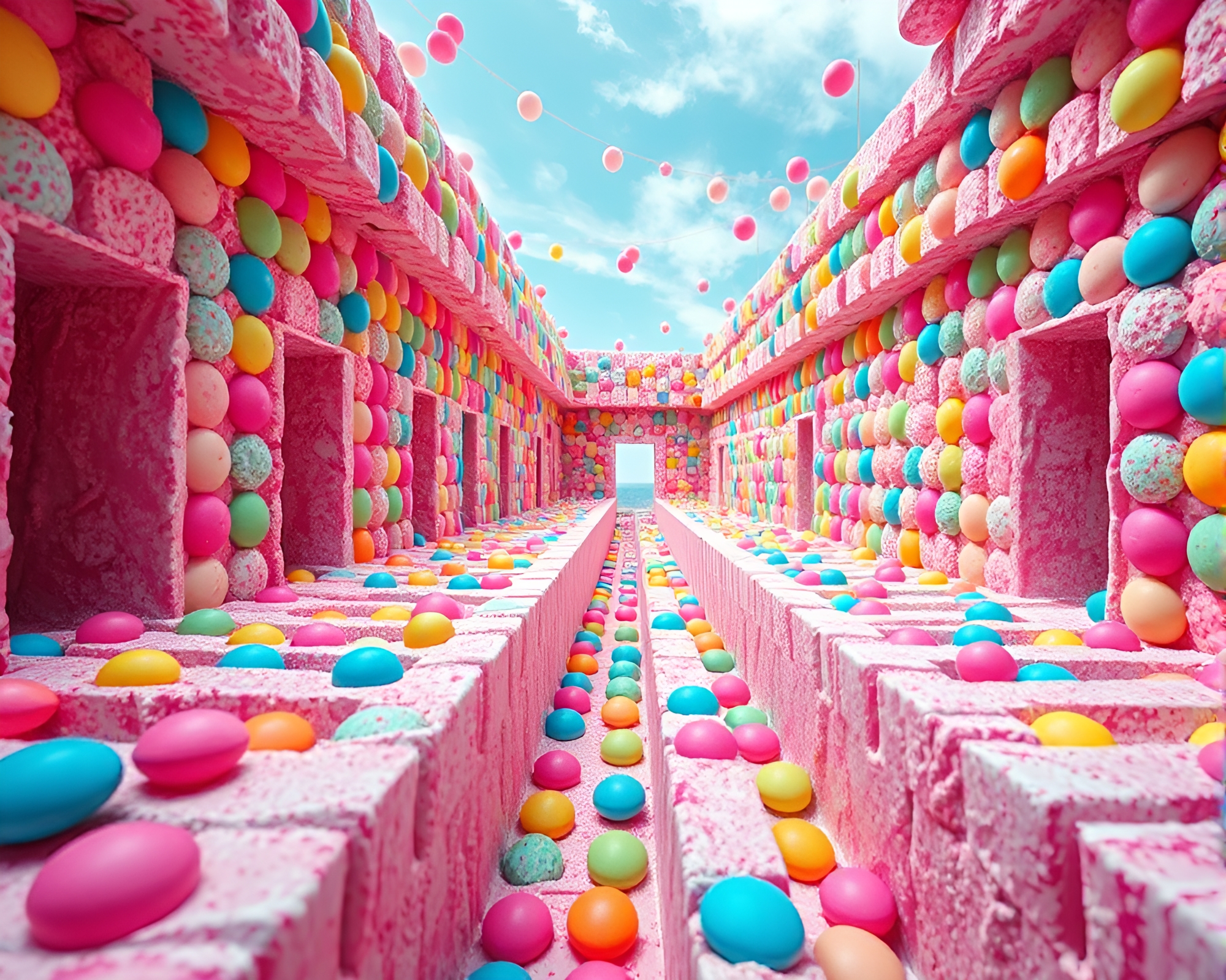 Vibrant Candy-Colored Maze with Eerie Surreal Collage – free AI stock image