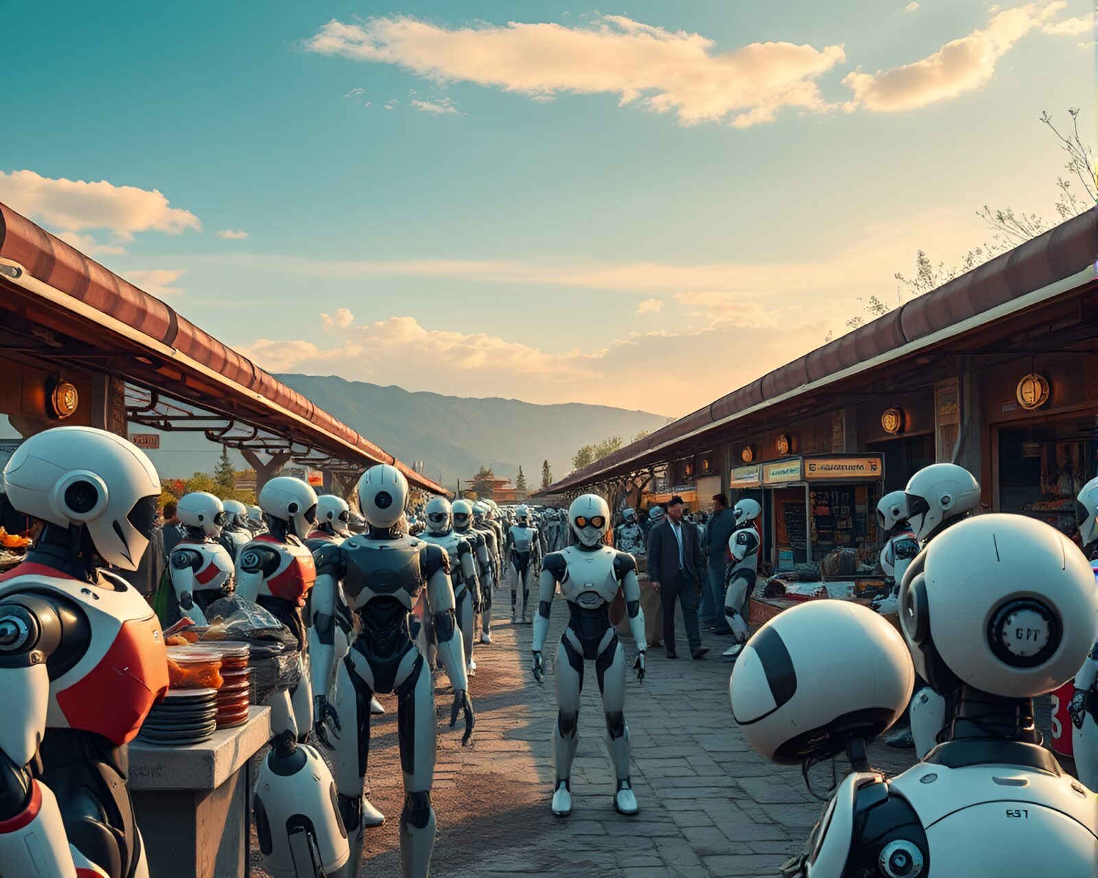Busy android market with robotic vendors and serene landscape