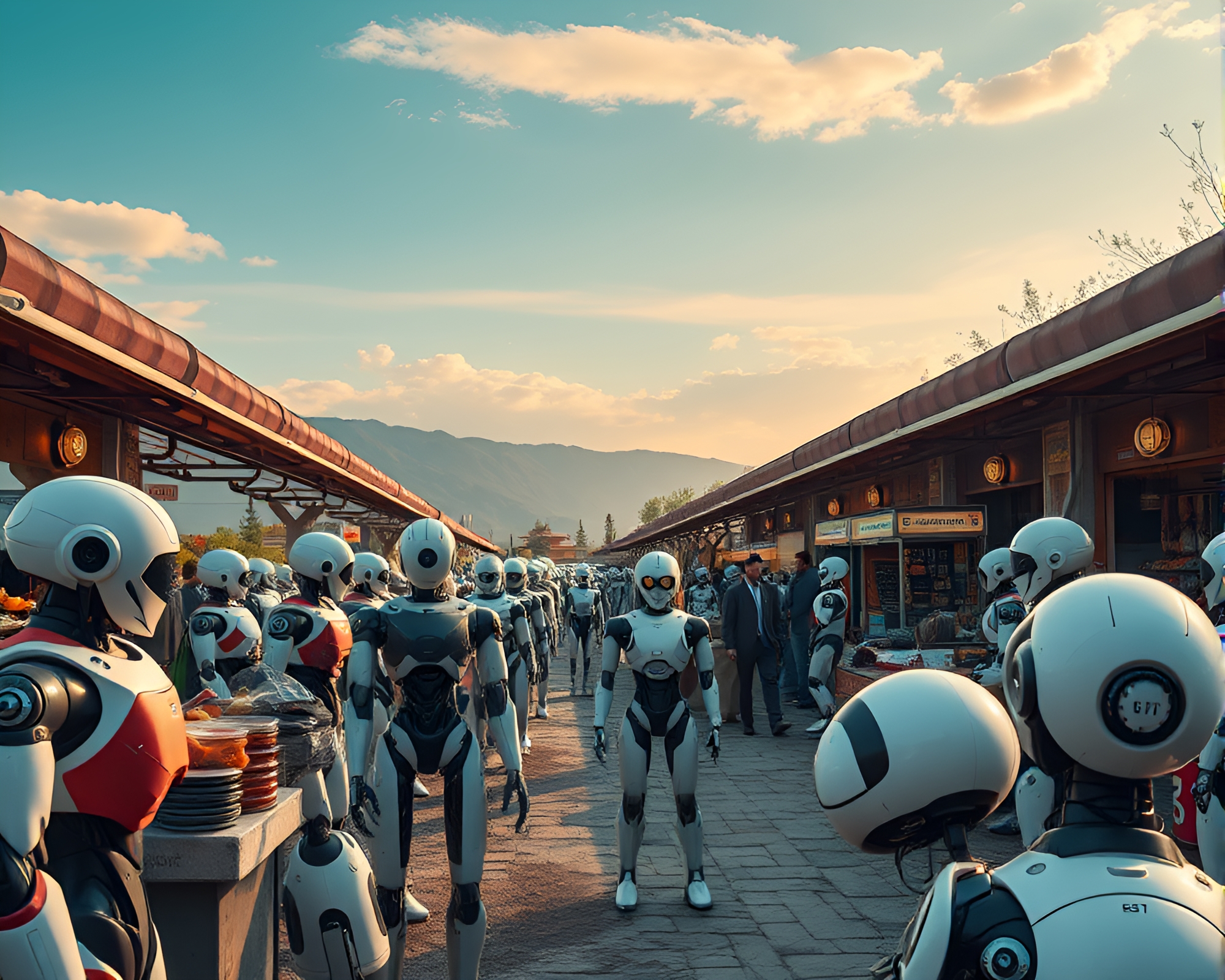 Robotic Vendors and Customers in Android Market – free AI stock image