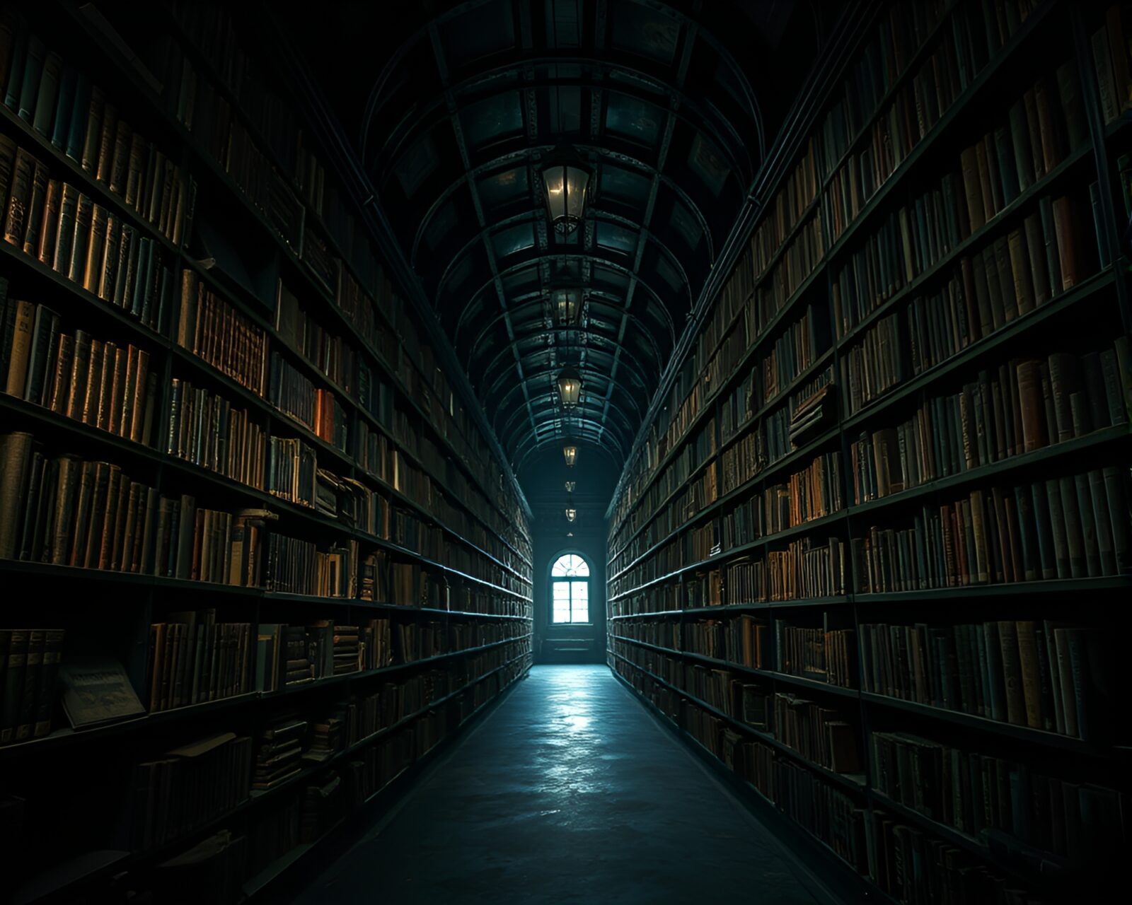 Dimly lit library with dusty shelves holding creative works