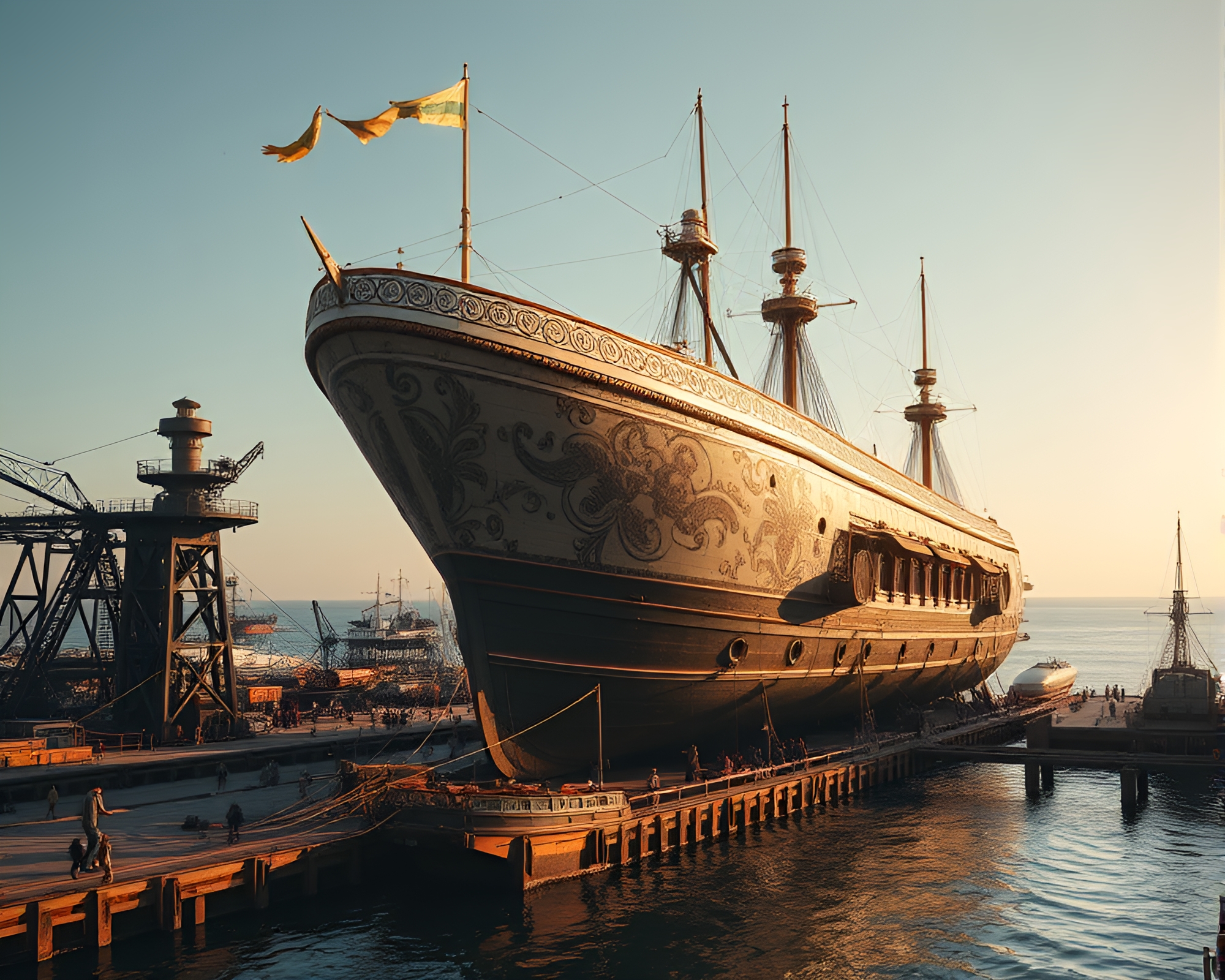 Steampunk Airship Docked at Minimalist Industrial Port – free AI stock image