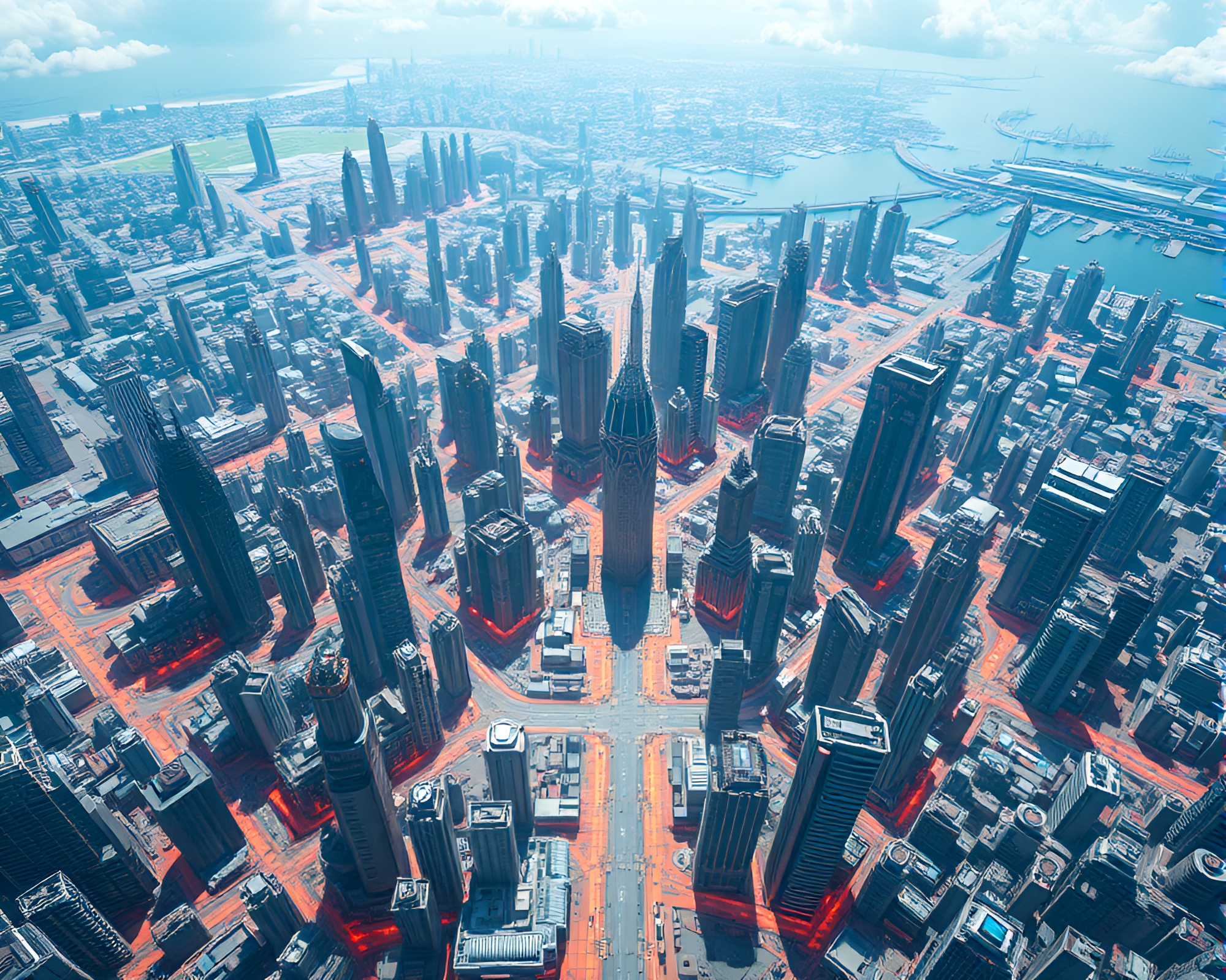 Futuristic Cityscape with Intricate Fractal Grid Layout – free AI stock image