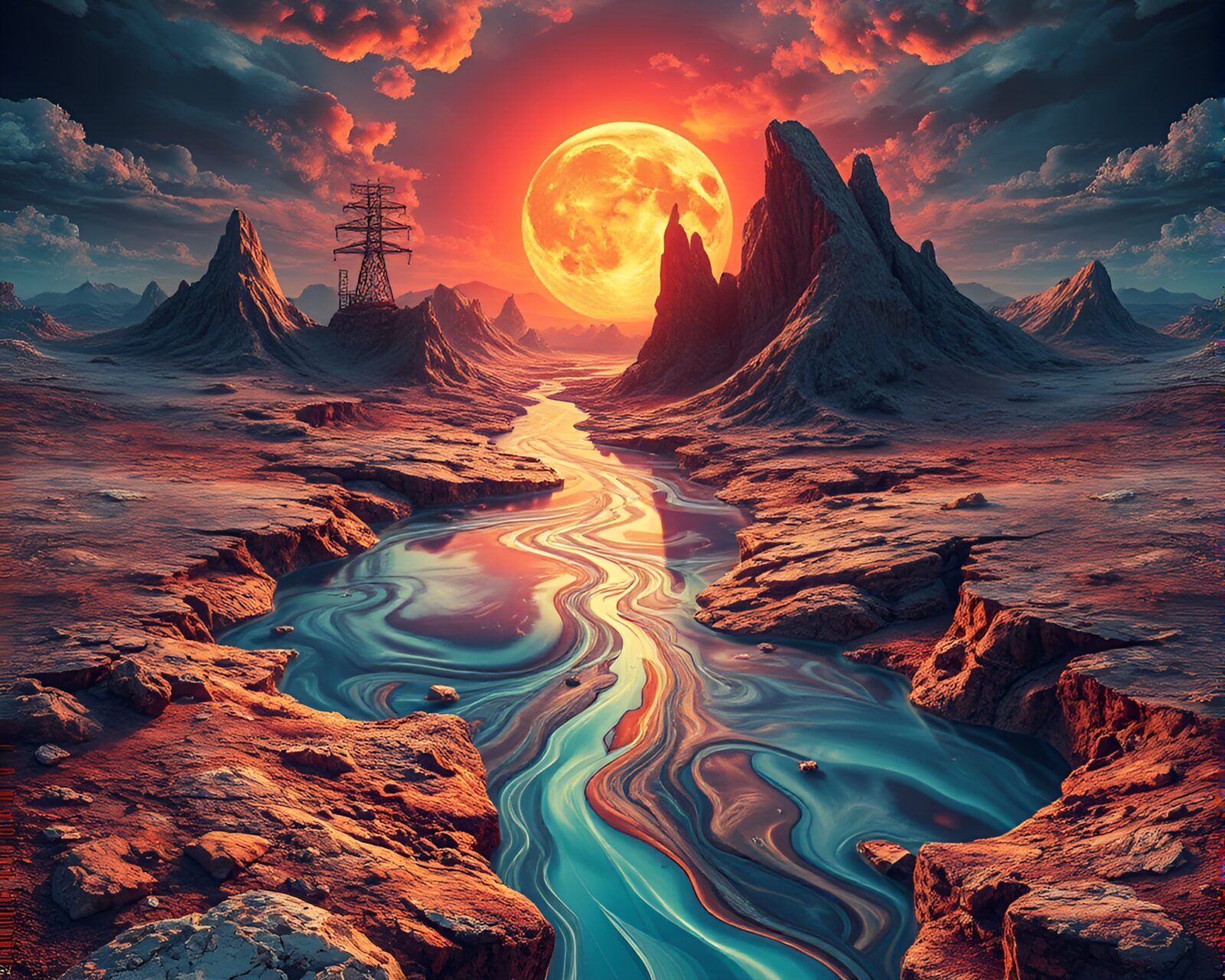Edgy image of liquid mercury river in dream-like landscape