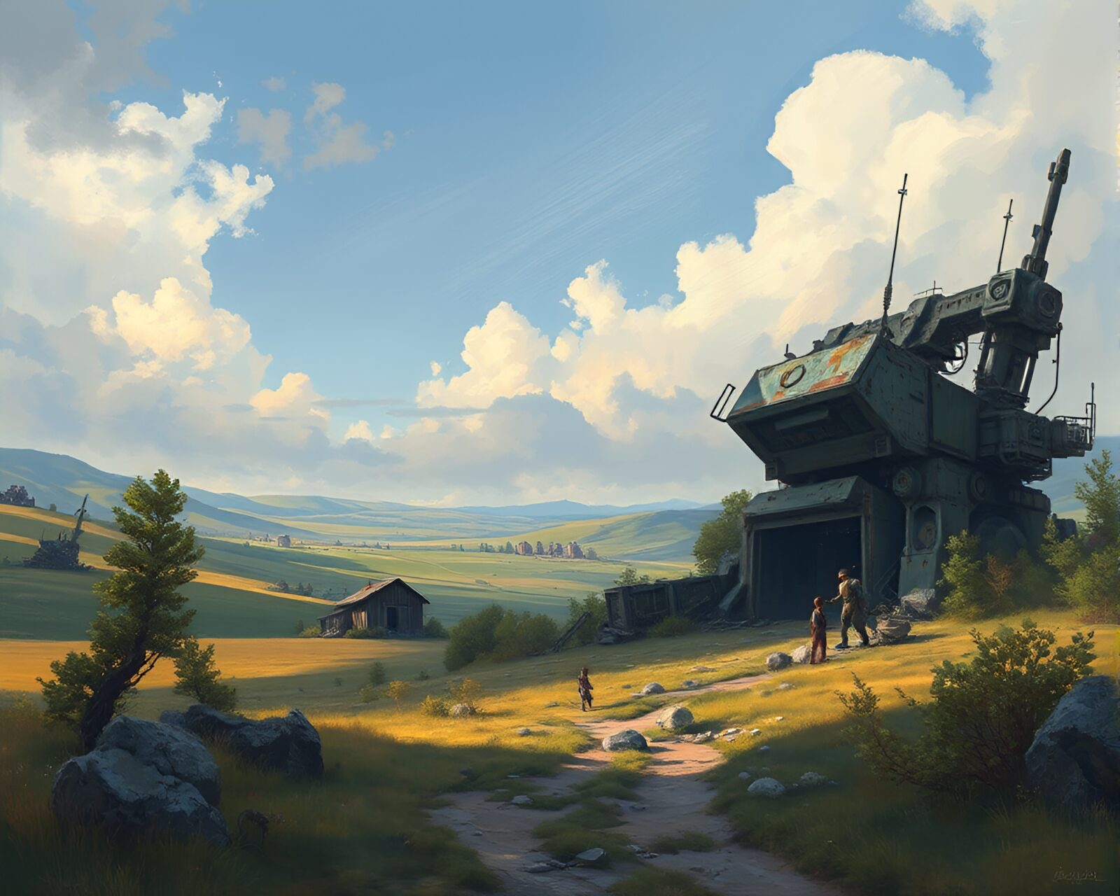 Oil painting of technology remnants merging with nature beauty
