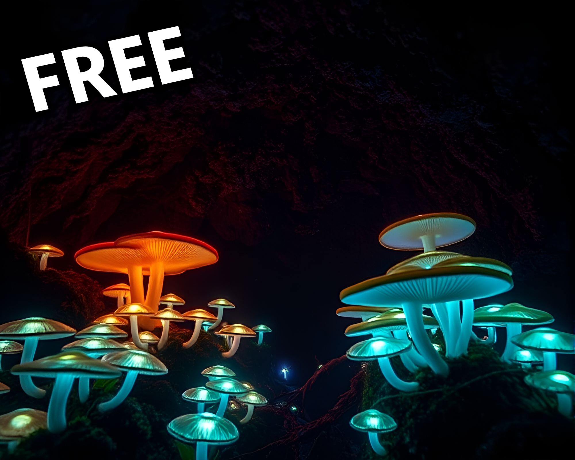 Enchanting Bioluminescent Mushroom-Filled Cavern Illuminated by Nature’s Light – free AI stock image