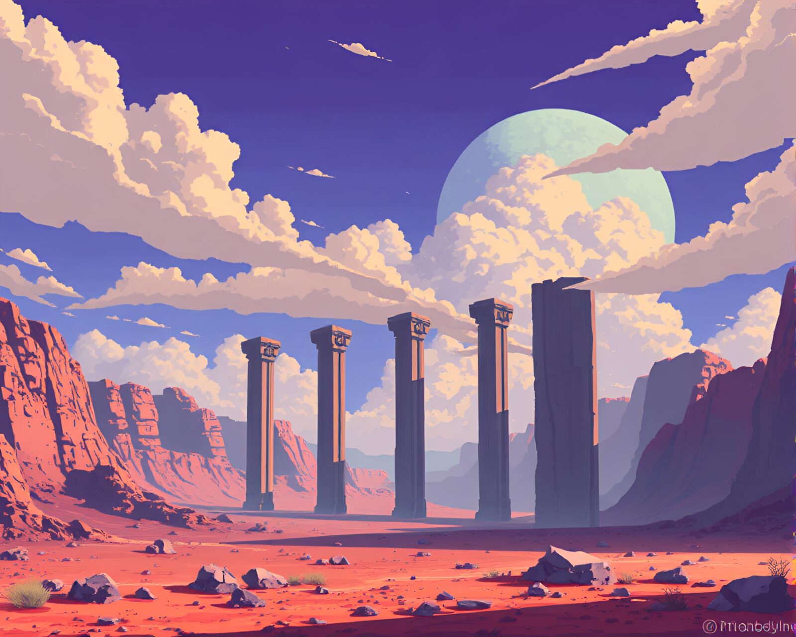 Pixel art of eerie monolithic pillars in desolate landscape