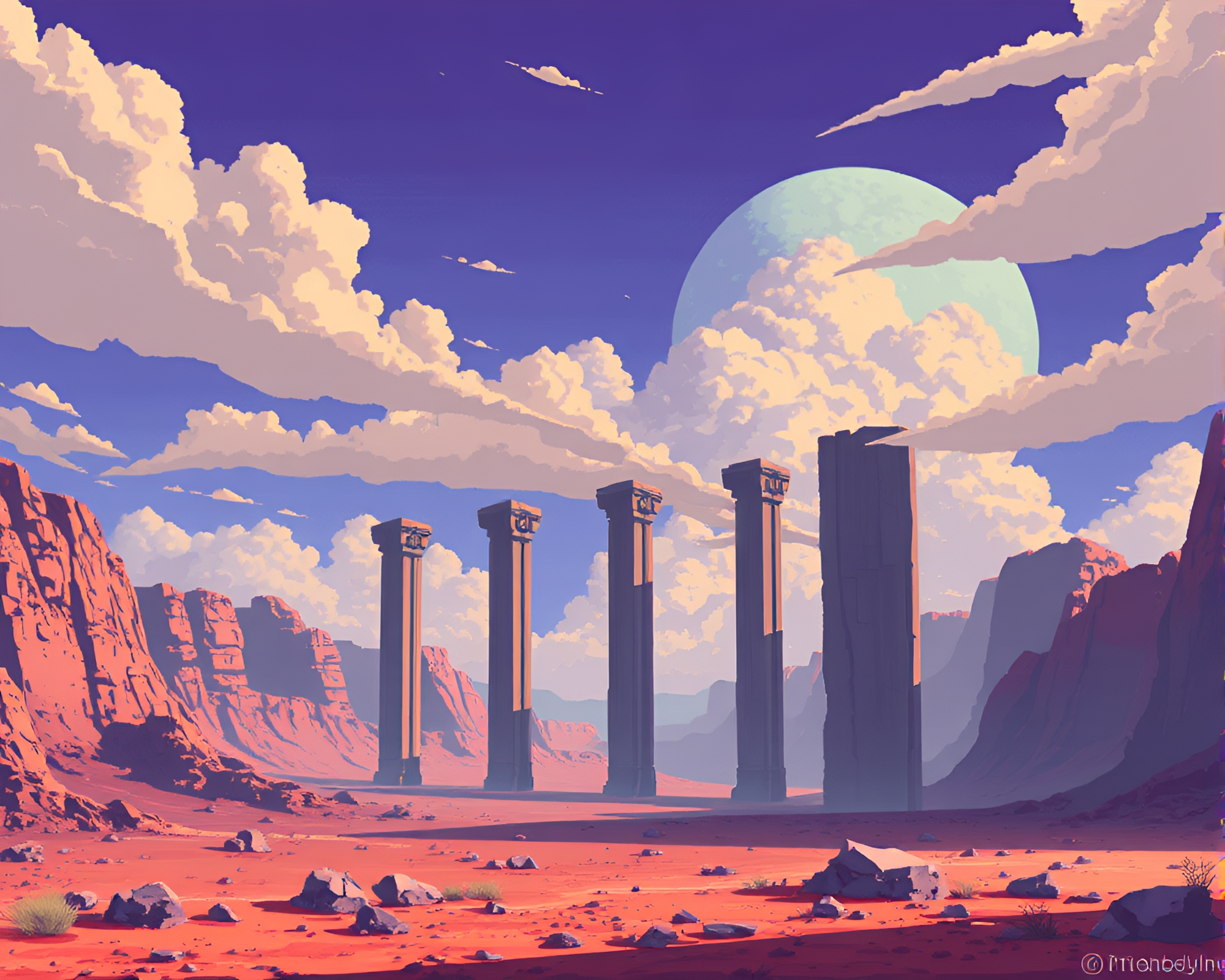 Eerie Retro Pixel Art Monolithic Pillars Landscape – free AI stock image