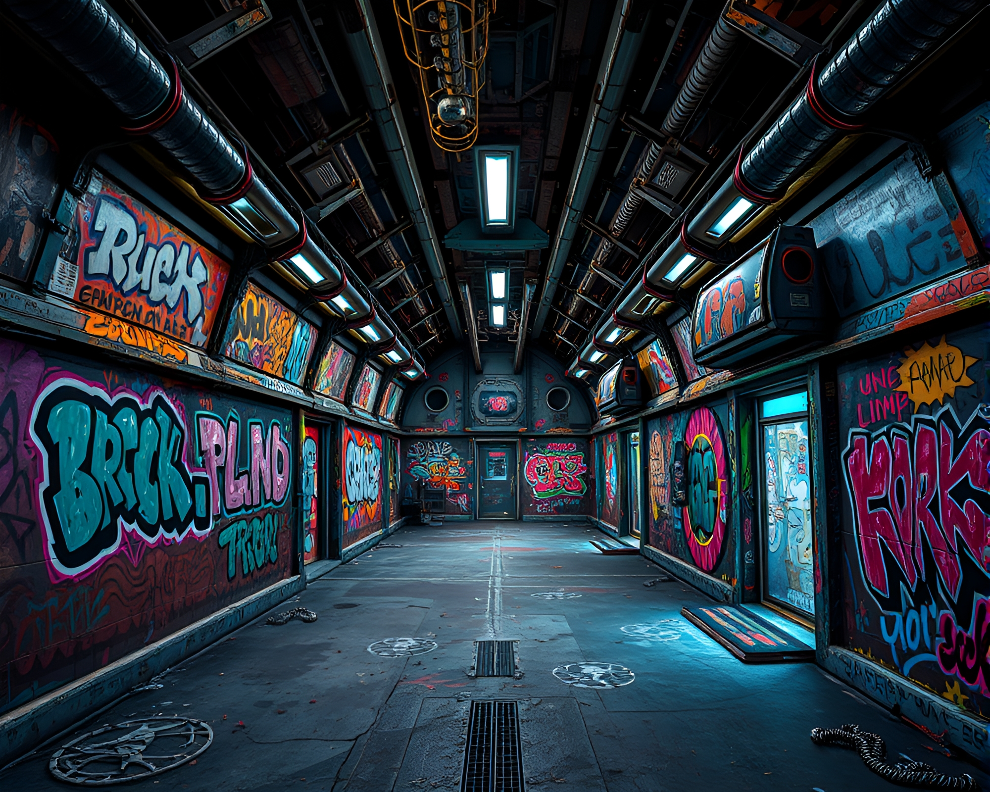 Edgy Pop Art Graffiti in Futuristic Abandoned Space Station – free AI stock image