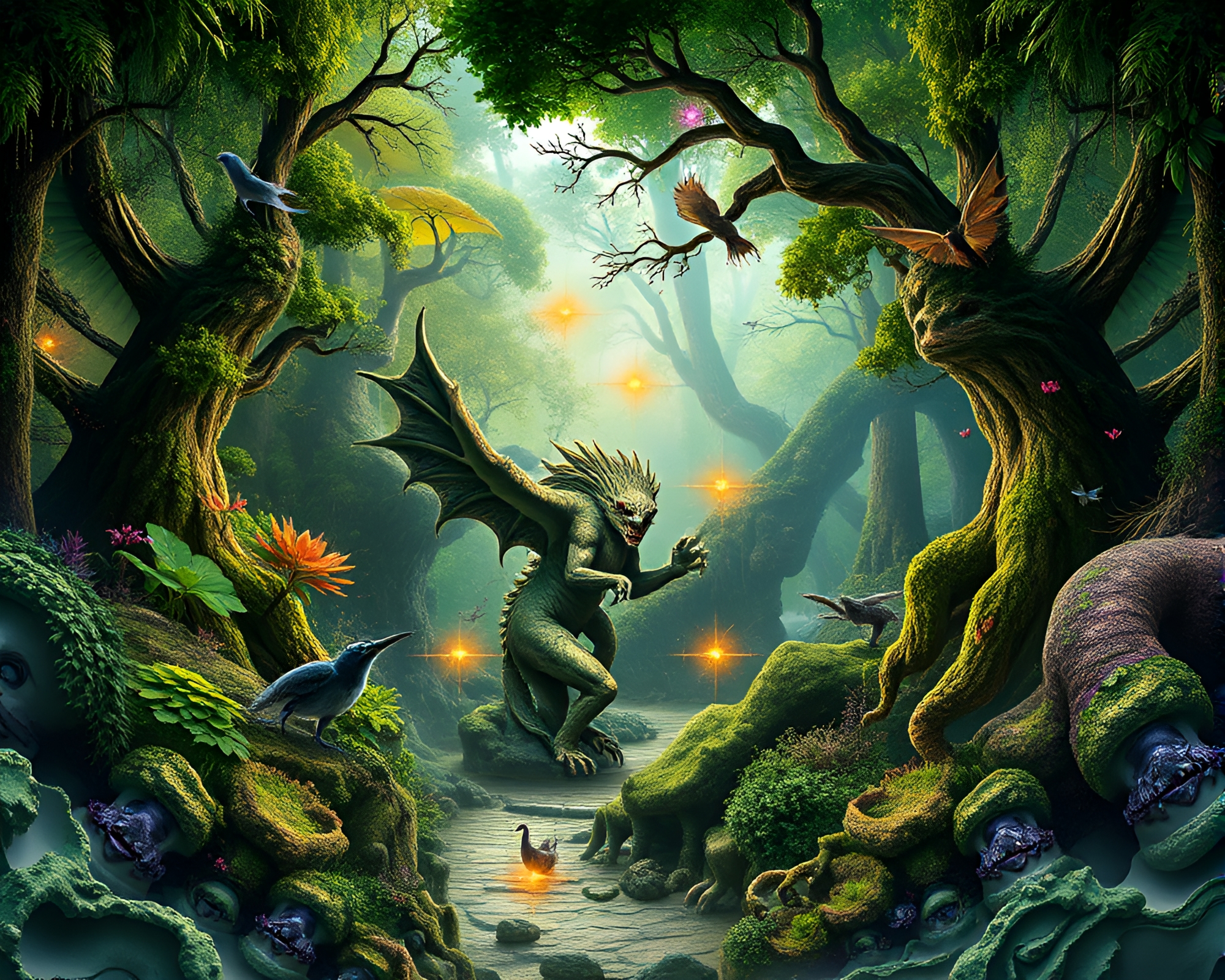 Enchanting Fractal Jungle with Mystical Creatures Photomontage Collage – free AI stock image