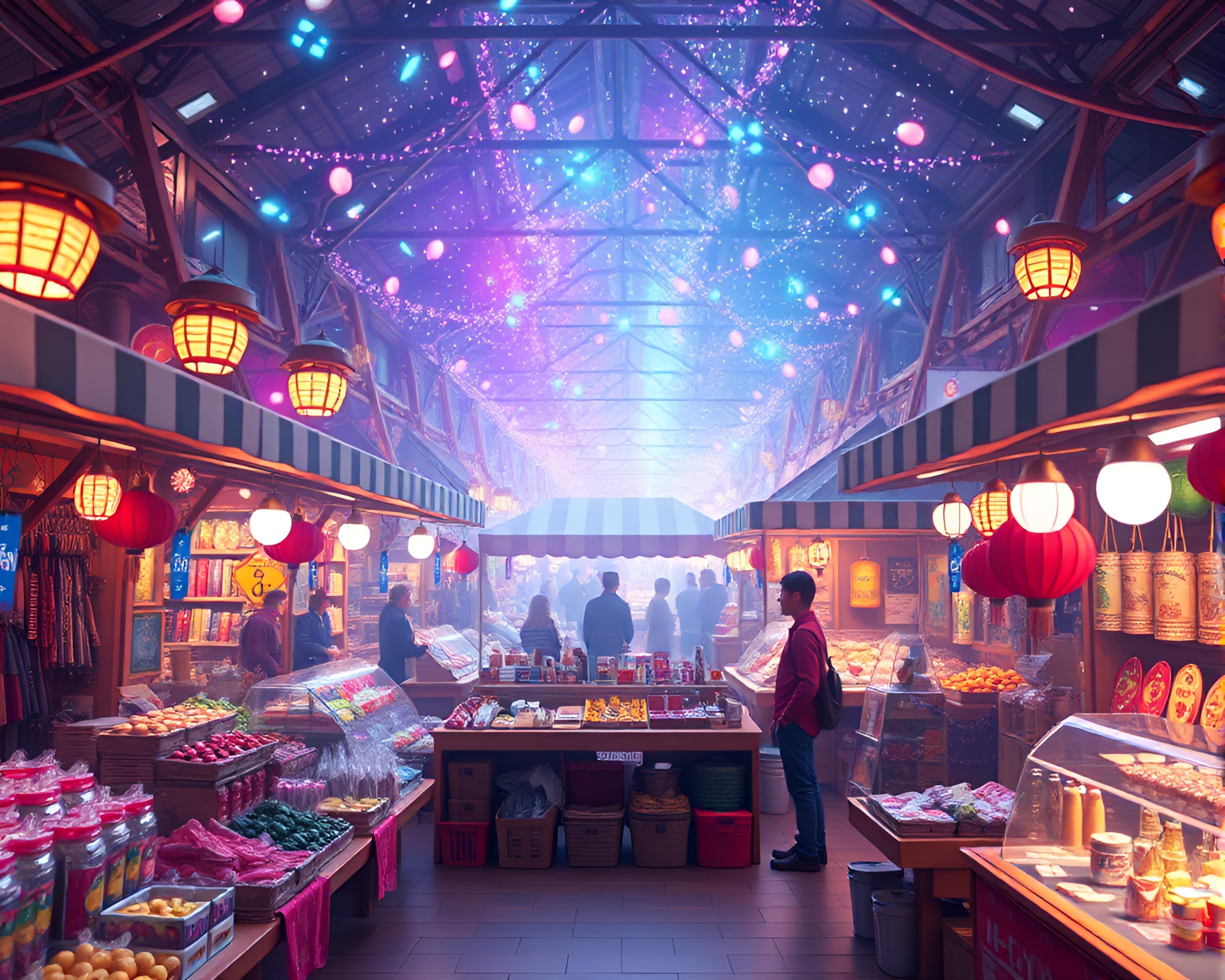 Mesmerizing Holographic Bazaar with 3D Projections – free AI stock image
