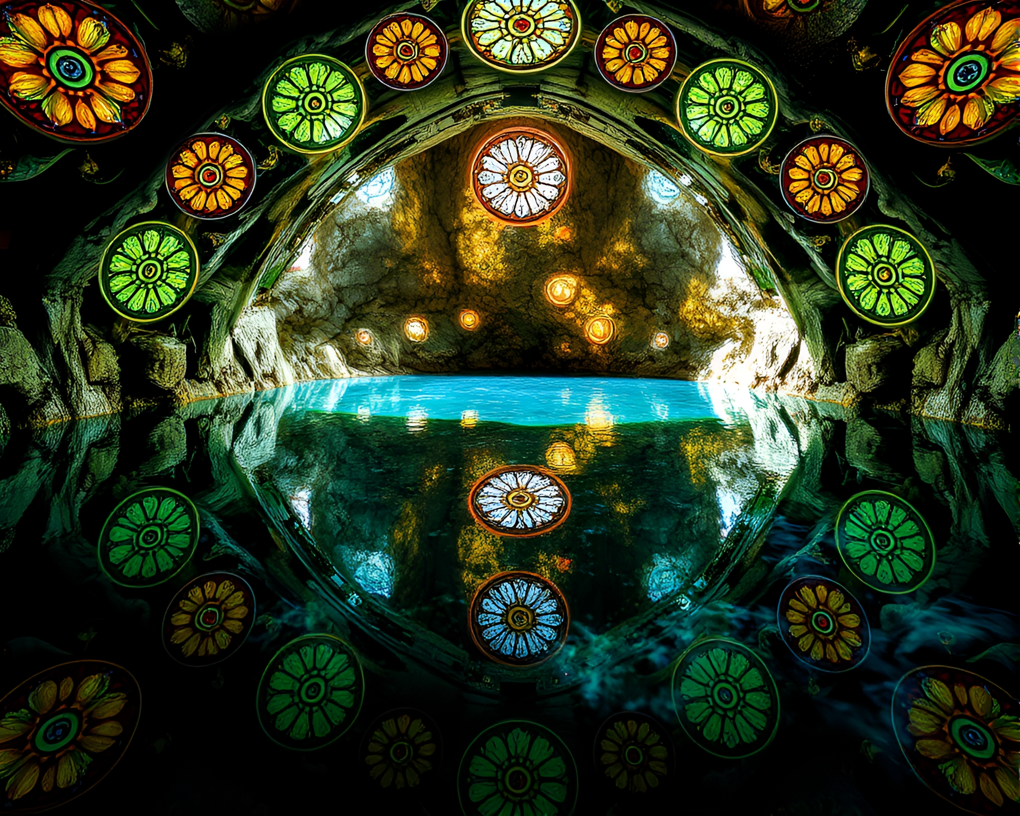Subterranean Crystal Lake Surrounded by Harmonious Stained Glass – free AI stock image
