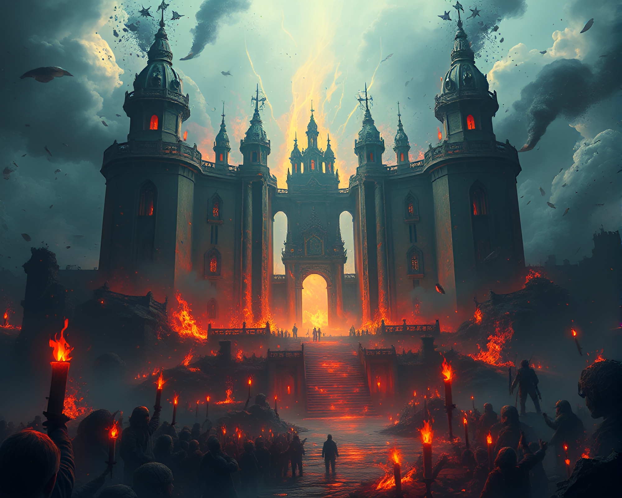 Apocalyptic Citadel of Floating Candles Engulfed in Flames – free AI stock image