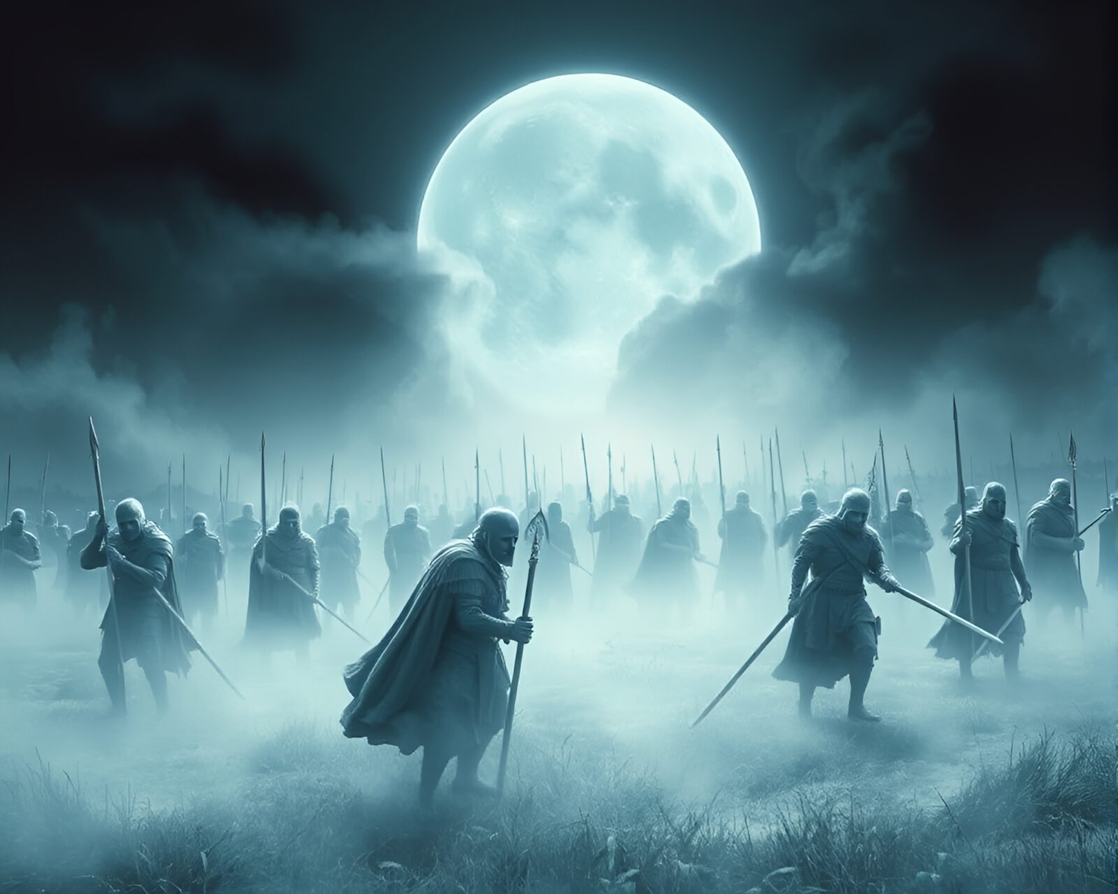 Spectral battlefield with tranquil ghostly warriors in peaceful setting