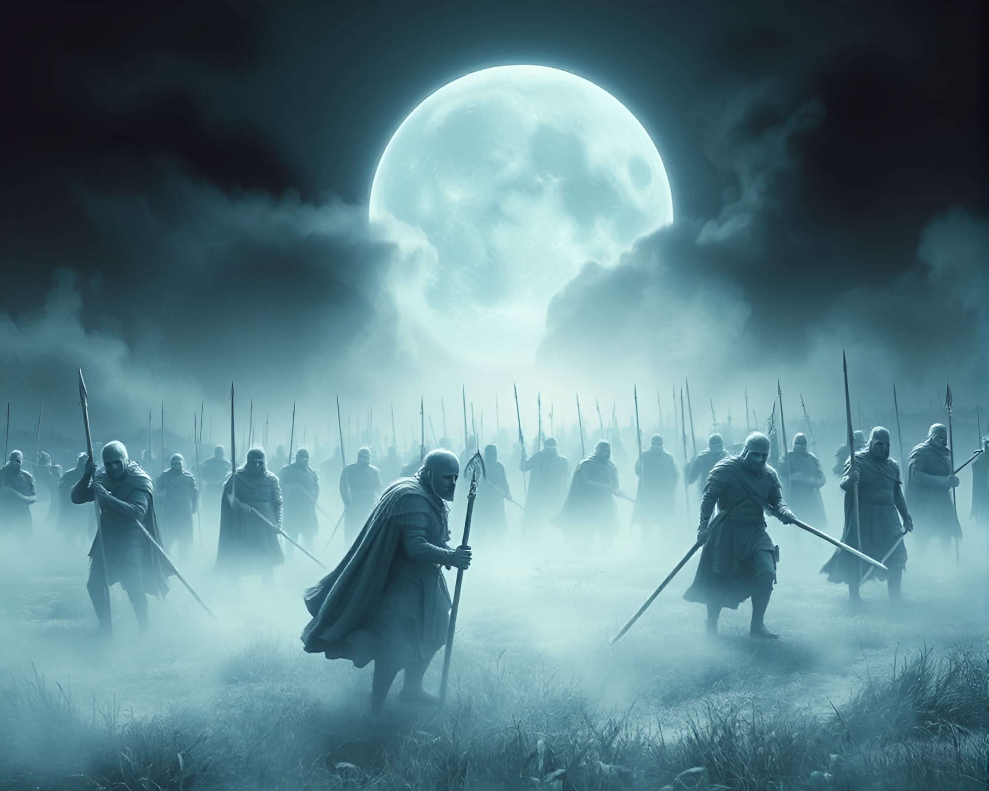 Ghostly Warriors in Serene Spectral Battlefield Montage – free AI stock image