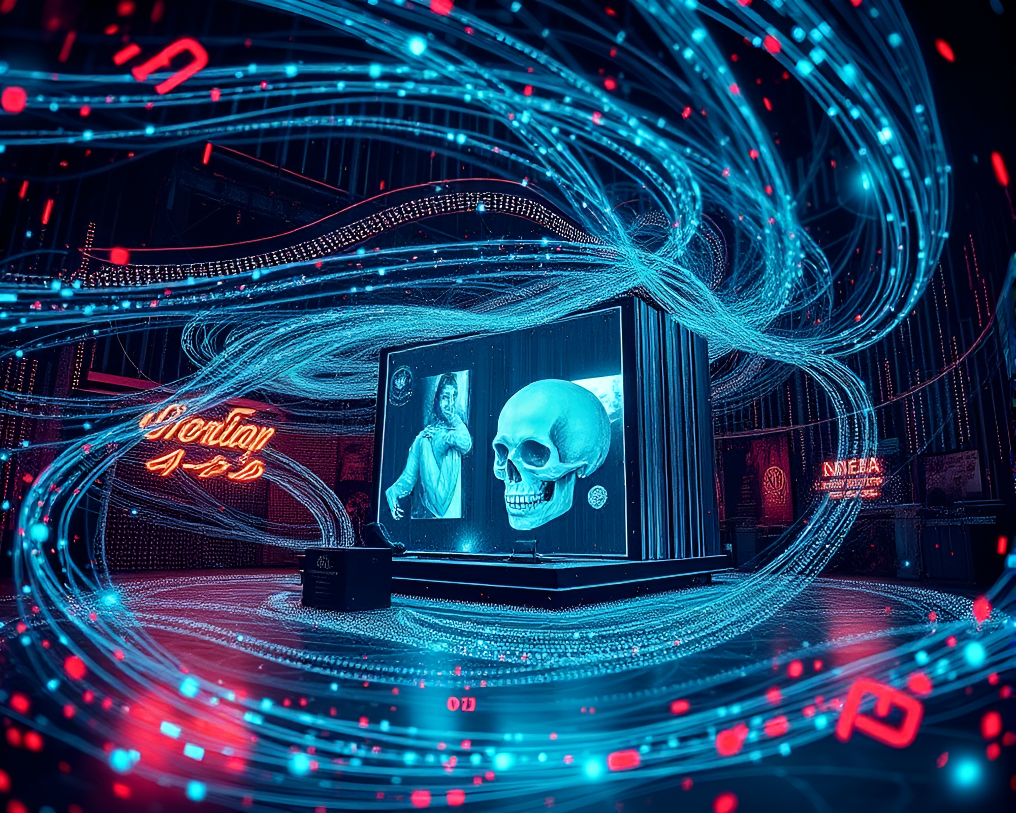 Surreal Digital Data Stream Swirling Around Modern Art Installation – free AI stock image