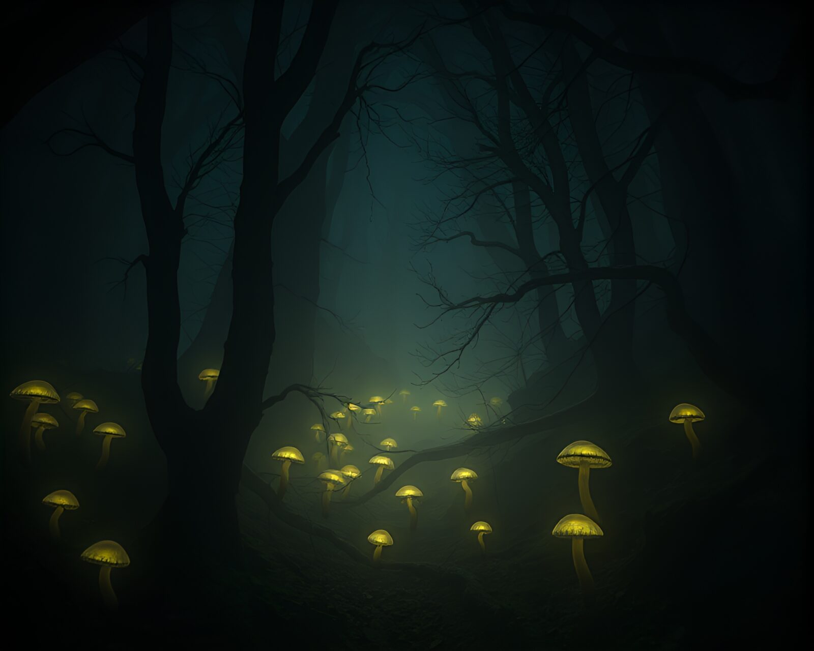 High-Quality Image of Ominous Underground Forest with Glowing Fungi