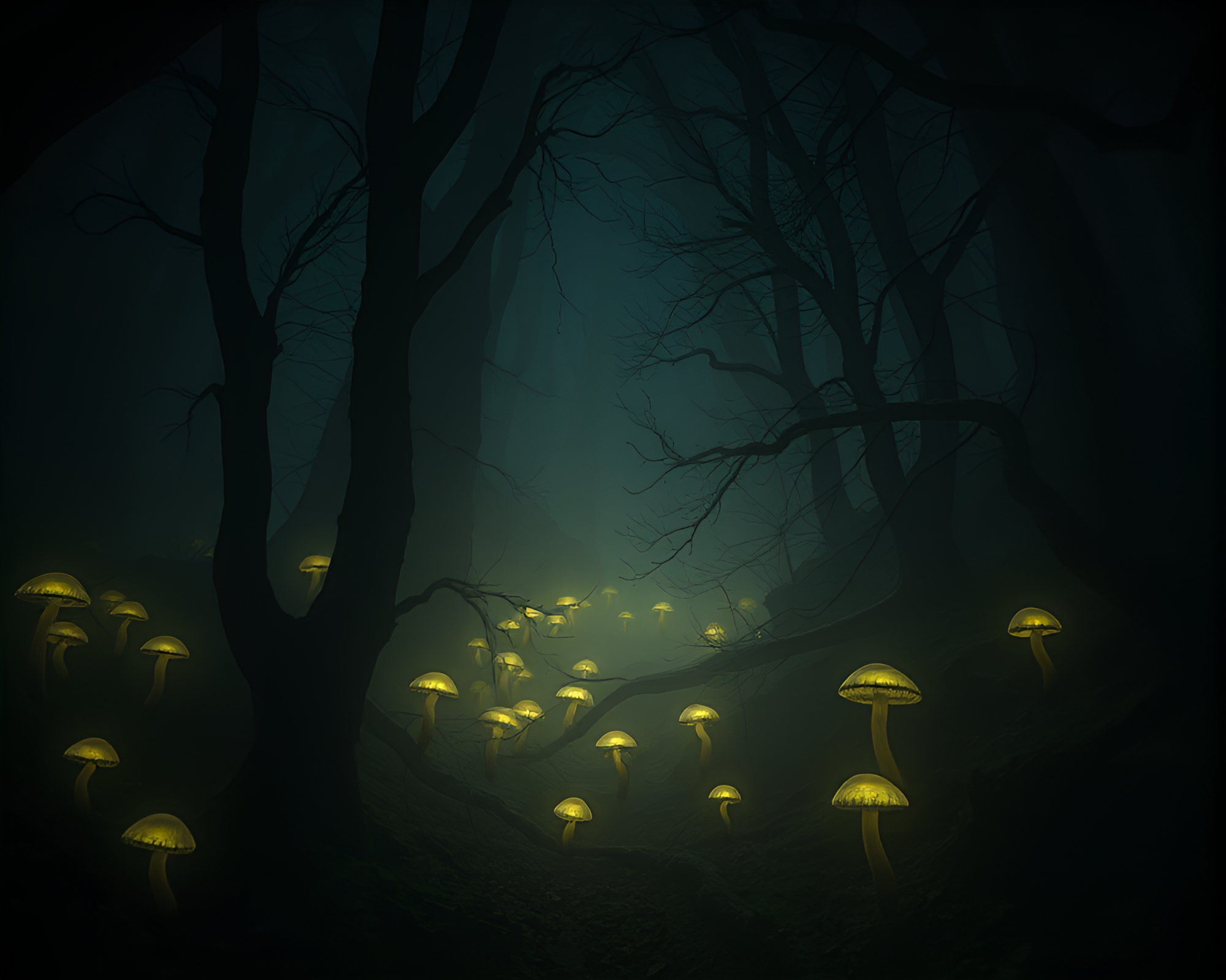 Eerie Glowing Fungi in Subterranean Forest Illustration – free AI stock image