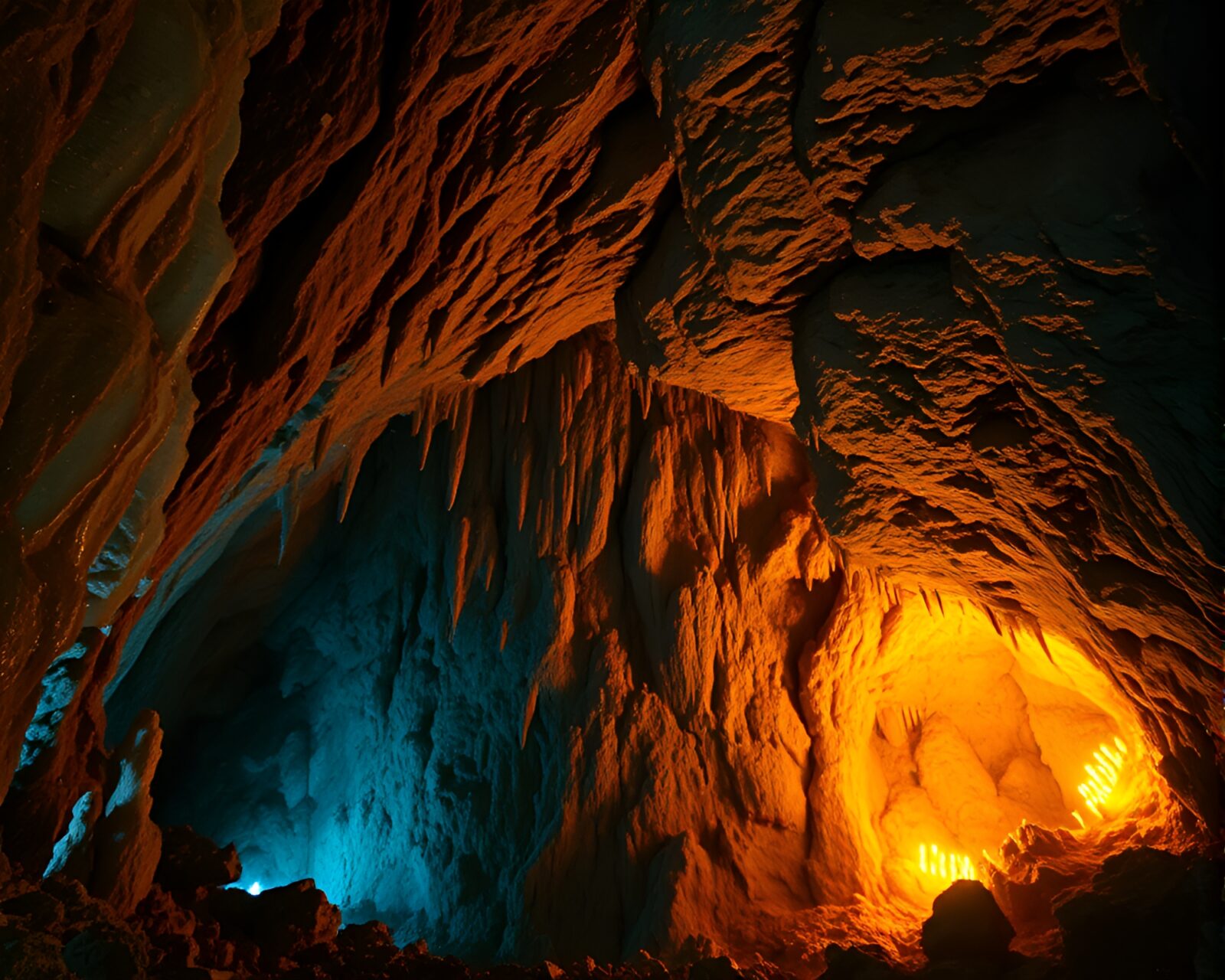 Glistening walls lit by ancient torches in crystal cavern