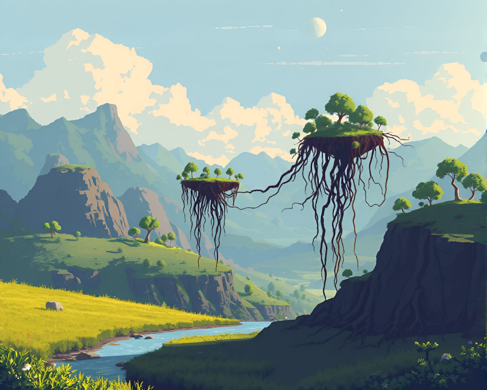 Pixel art image depicting floating roots network in rural setting
