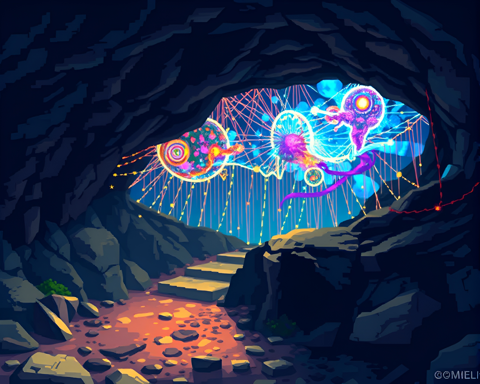 Glowing Pixel Art Cosmic Tapestry in Subterranean Lair – free AI stock image